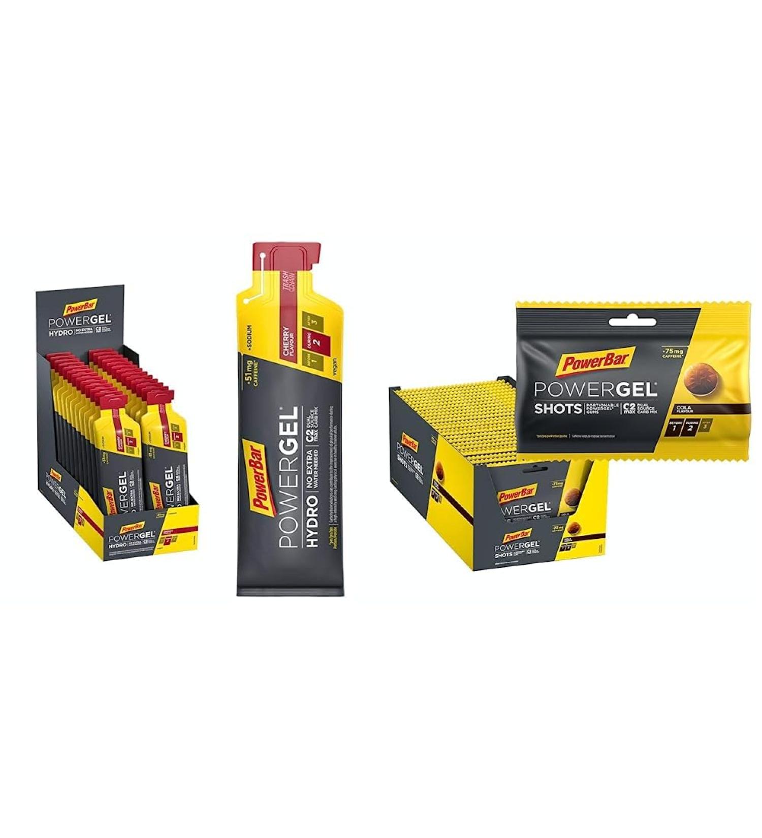 Powerbar Powergel Hydro Cherry & Shots Cola Bundle - High Carb Energy Gel with C2Max Caffeine & Electrolytes - 24x67ml + 24x60g - Buy Online on GoSupps.com