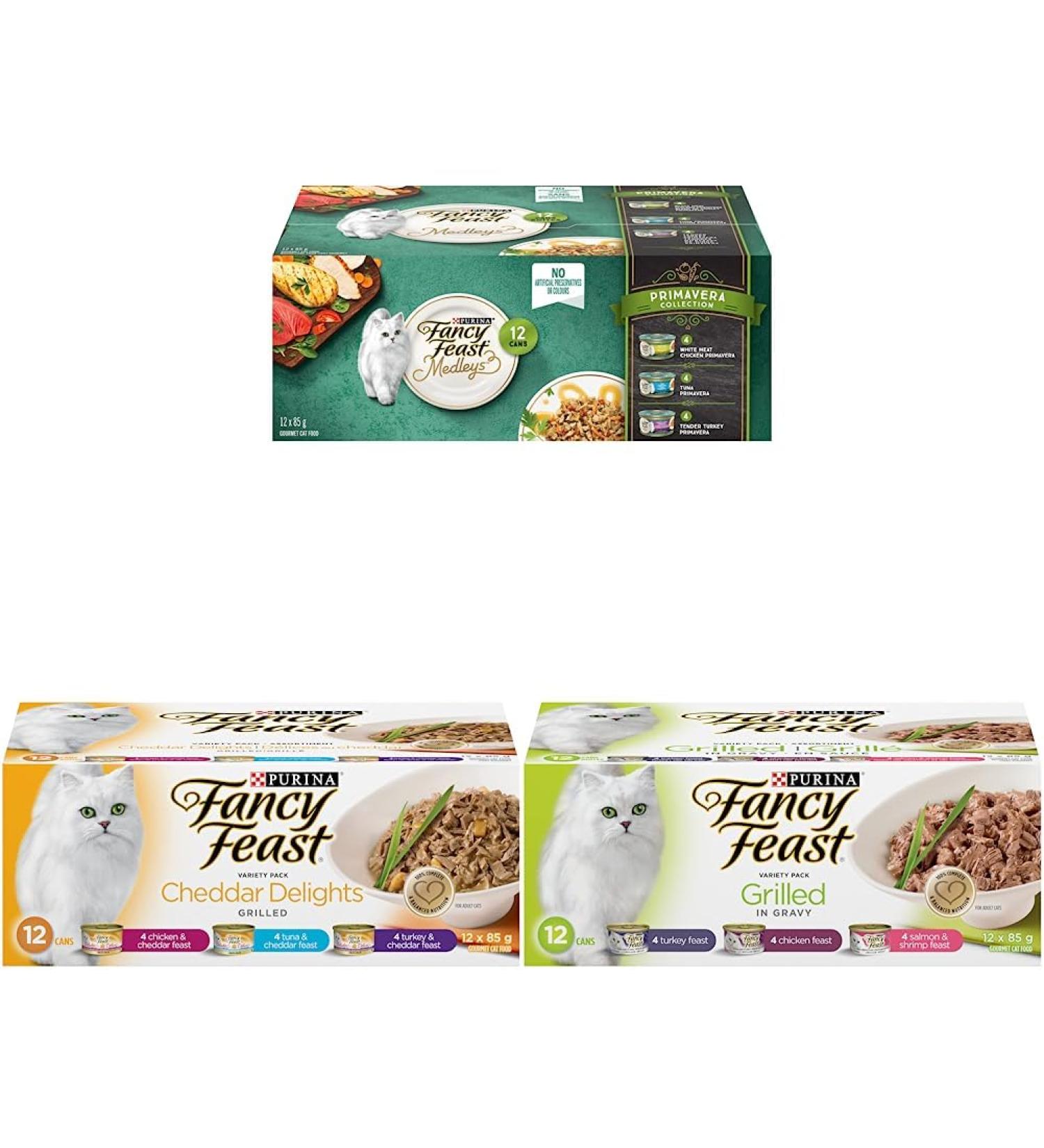 Fancy Feast Wet Cat Food Elegant Medleys Primavera & Fancy Feast Wet Cat Food Cheddar Delights Grilled Variety & Fancy Feast Wet Cat Food Grilled in Gravy Variety Pack 85g - Buy Online on GoSupps.com
