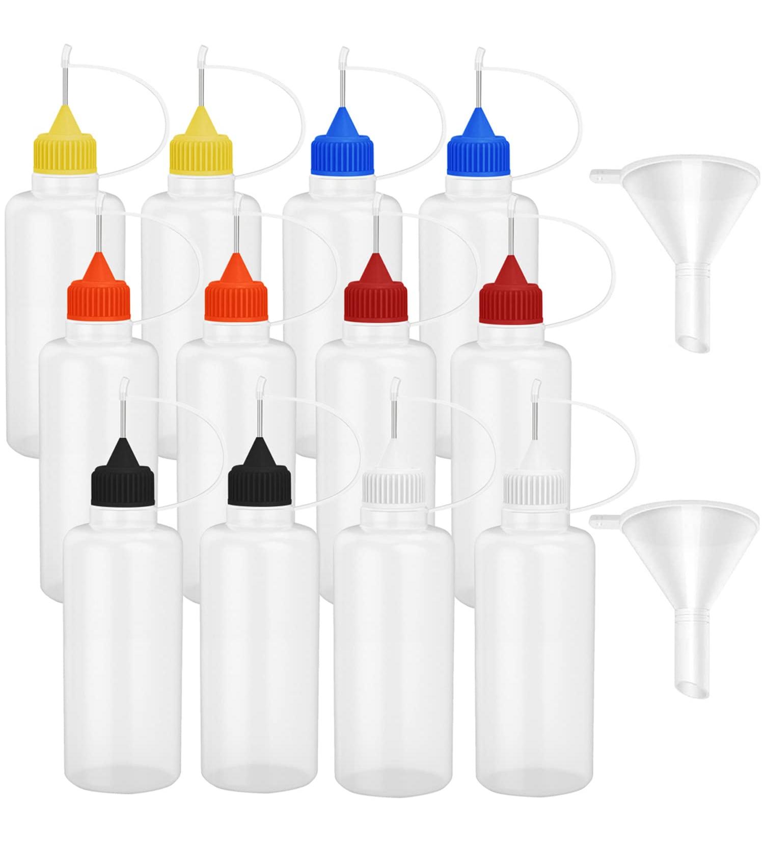 1oz Needle Tip Glue Bottle Set - 12pc Plastic Dropper Bottles with Mini Funnel - Ideal for DIY Crafts - Multicolor Lid - Buy Online on GoSupps.com