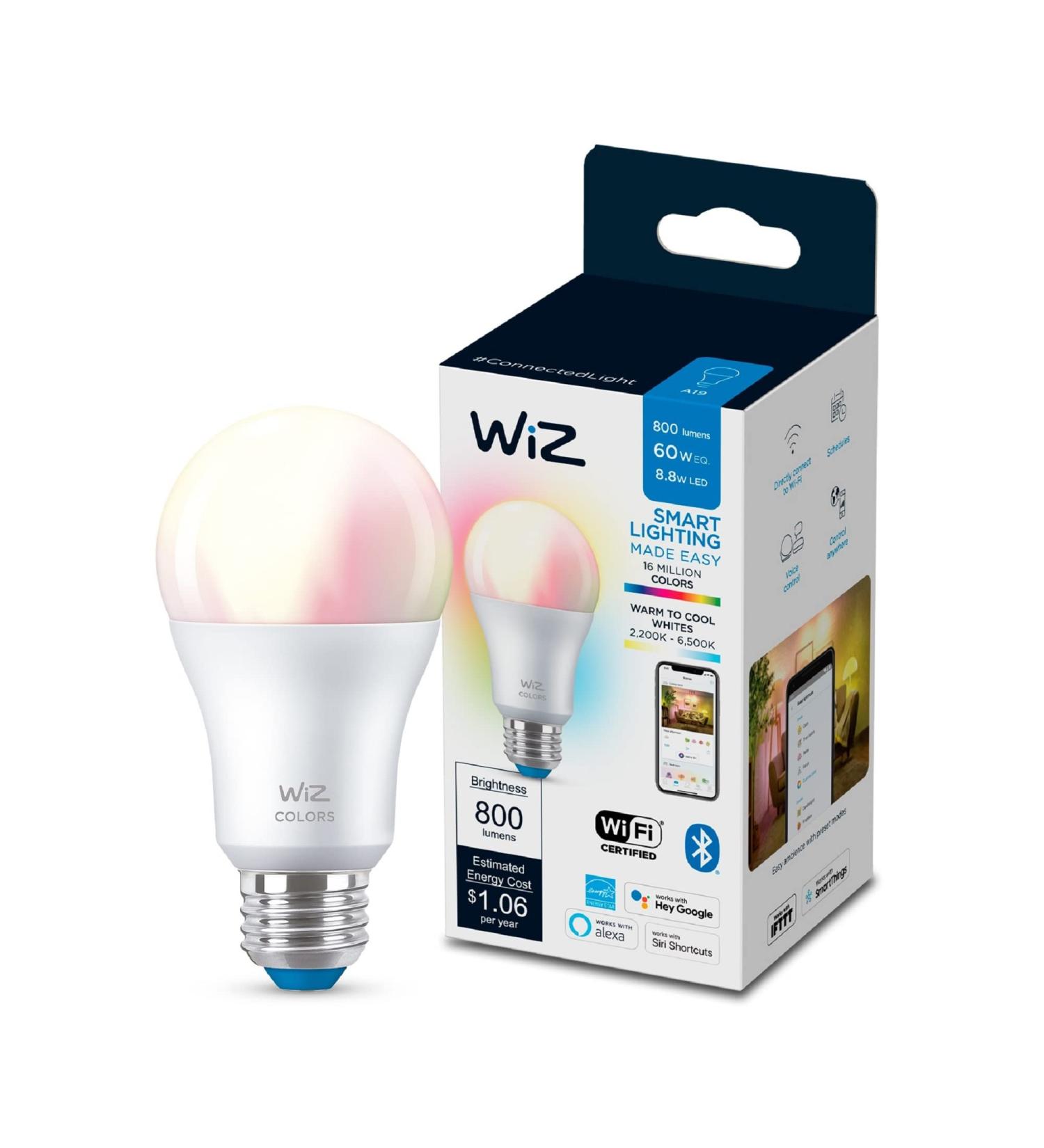 WiZ Connected Color 60W A19 Smart WiFi Light Bulb - 16 Million Colors - Alexa & Google Home Compatible - No Hub Needed - 1 Pack - Buy Online on GoSupps.com