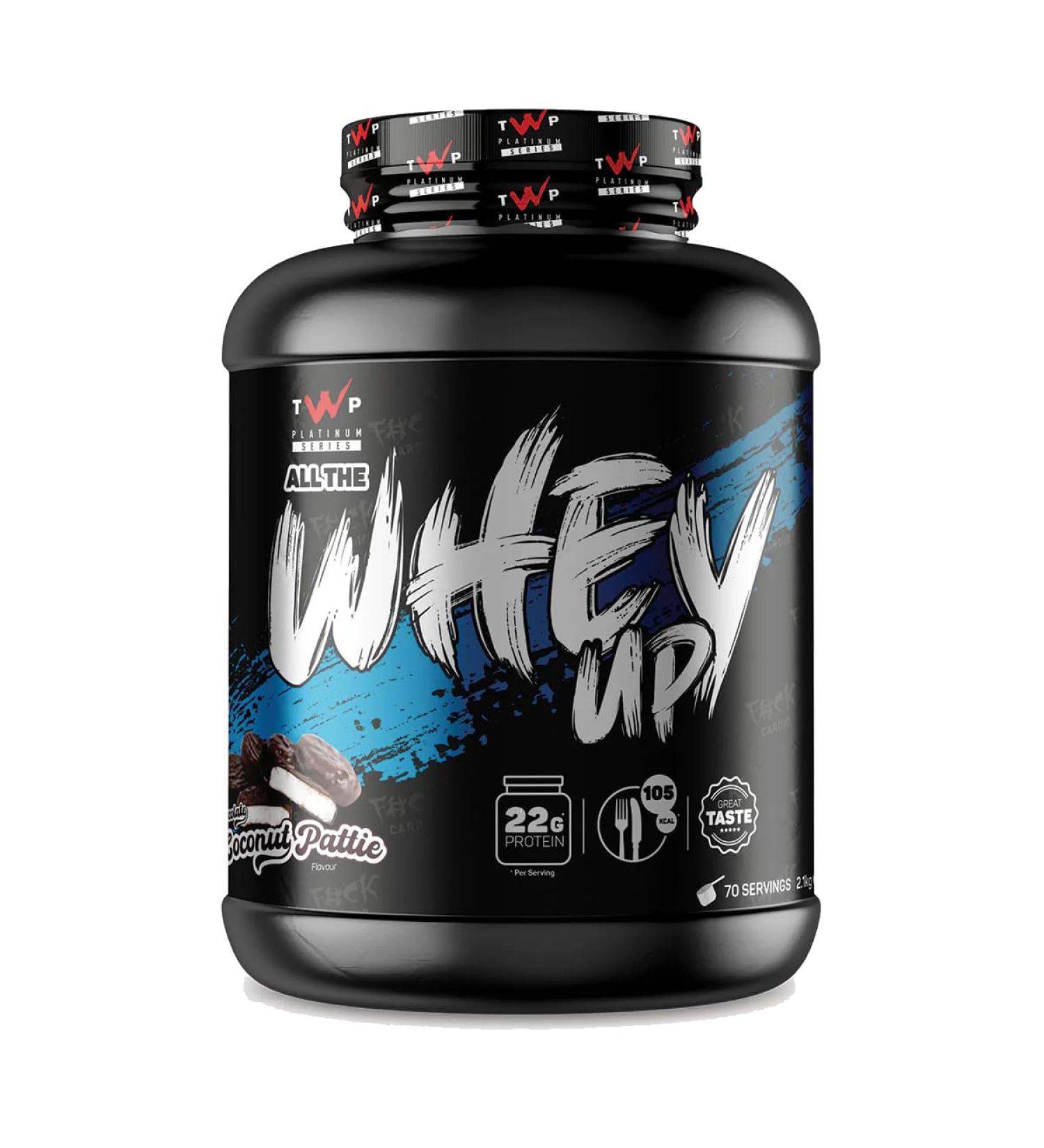 TWP Nutrition Platinum Series All The Whey Up Protein Powder Shake 23g Whey Protein Low Fat Low Carbs 2.1kg/900g & 70/30 Servings Vegetarian Friendly (Chocolate Coconut Pattie 2.1kg) Chocolate Coconut Pattie 2.1kg - Buy Online on GoSupps.com