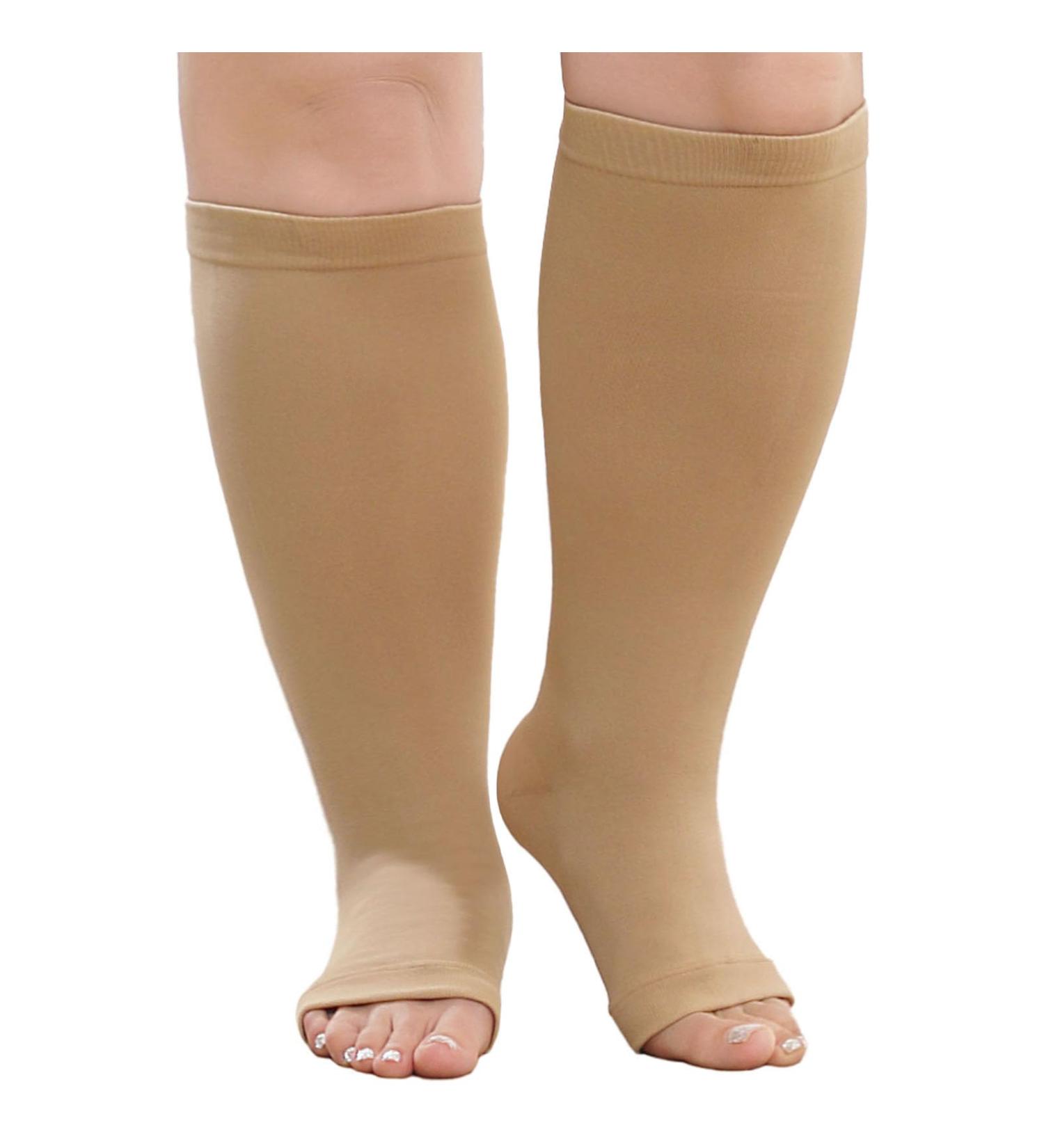Putuo Compression Stockings for Men & Women - Oversize Thrombosis Socks Open Tip Support Stockings - Thick Calves Ideal for Flight & Running - 5XL Beige - Buy Online on GoSupps.com
