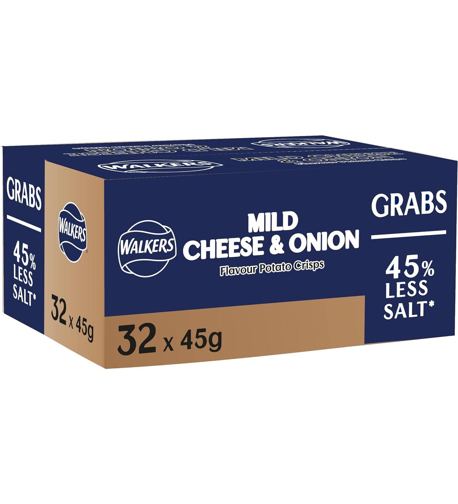 Walkers Less Salt Grab Mild Cheese & Onion Crisps 45g (32 Bags)