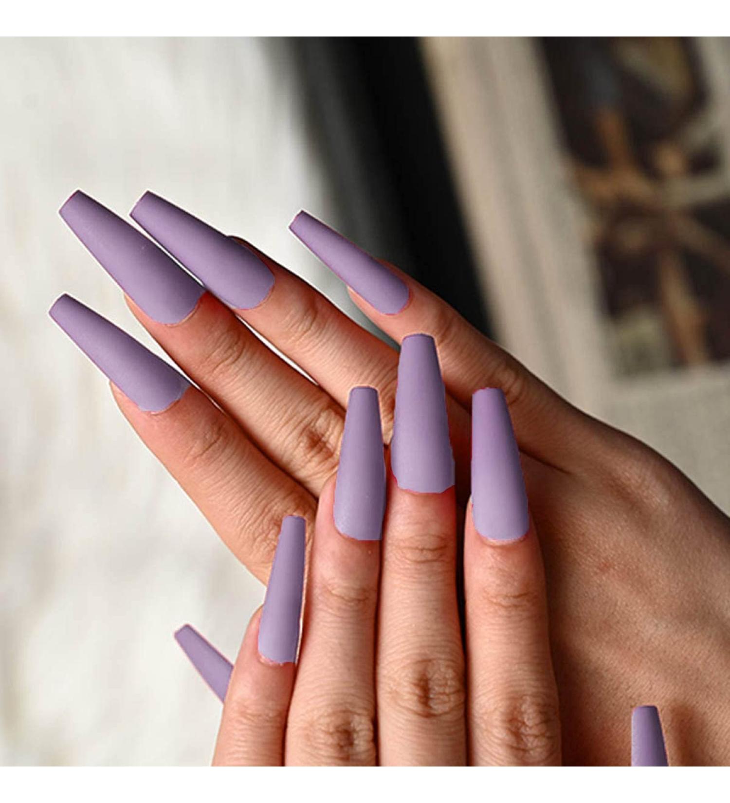 Bufenia Matt Pure Colorful Long Ballerina Press-On Nails - Purple Coffin Full Cover (24 Pieces) for Women & Girls - International Shipping Available - Buy Online on GoSupps.com