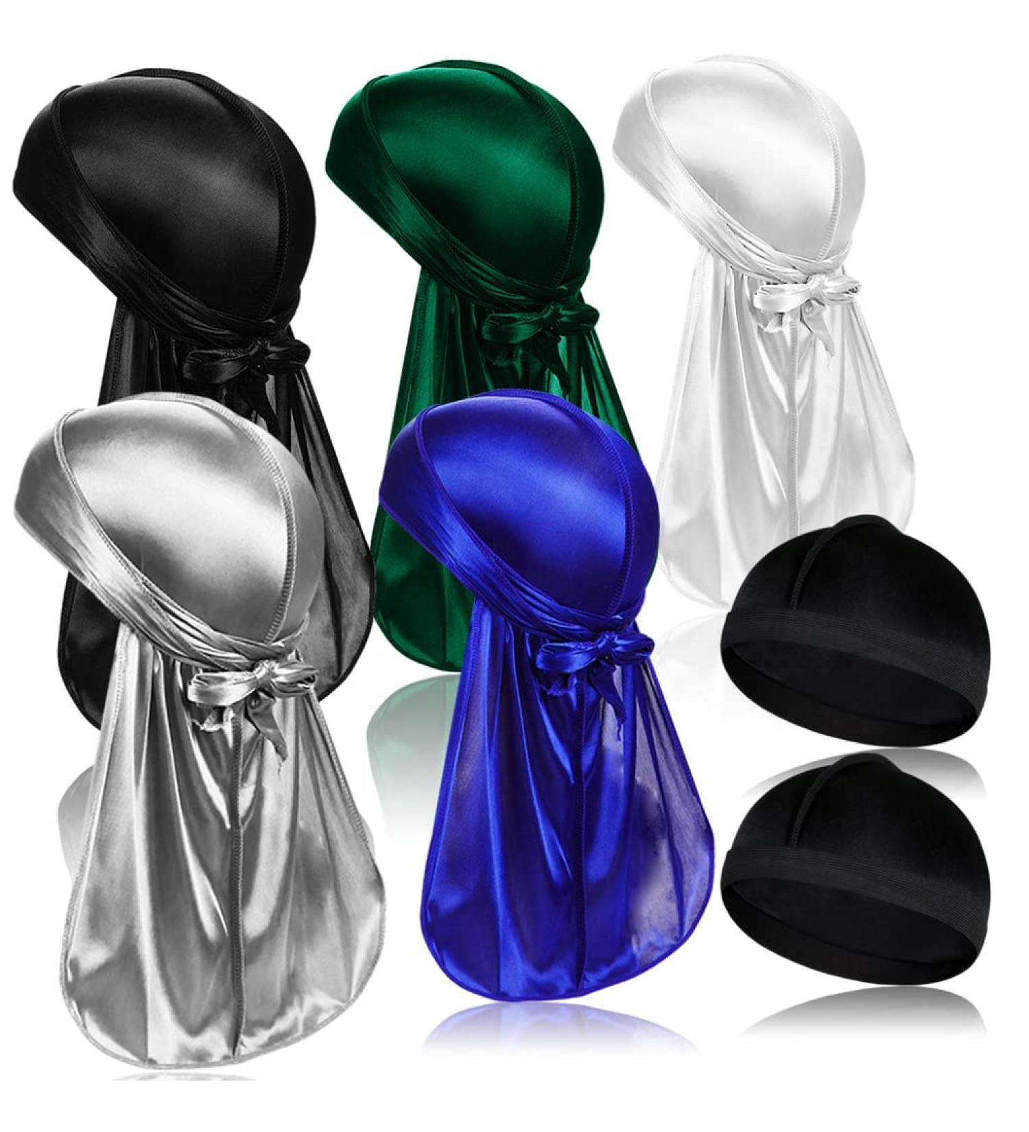 Silky Durag Headwraps Set with Long Tail + Satin Wave Cap for Men - 5 Pcs Bundle - Buy Online on GoSupps.com