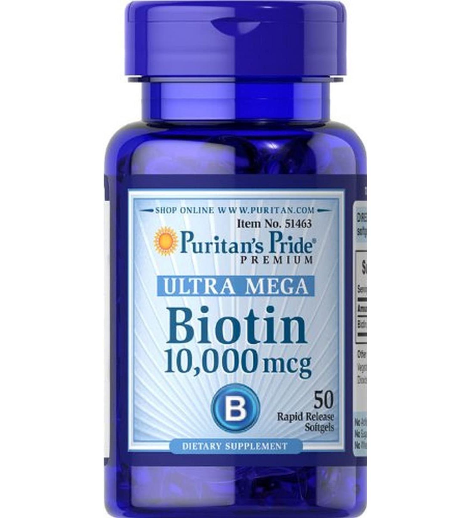Puritan's Pride Ultra Mega Biotin 10000 Mcg - 50 Count Pack for Hair, Skin & Nail Health - Buy Online on GoSupps.com