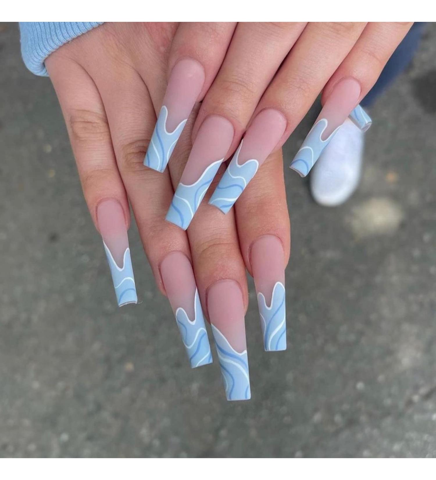 24Pcs/Set French Long Ballet Blue Pink Heart Press On Nails Reusable False Nail Removable Fake Nails Short Round Coffin Nails Hot Nails-JP1408