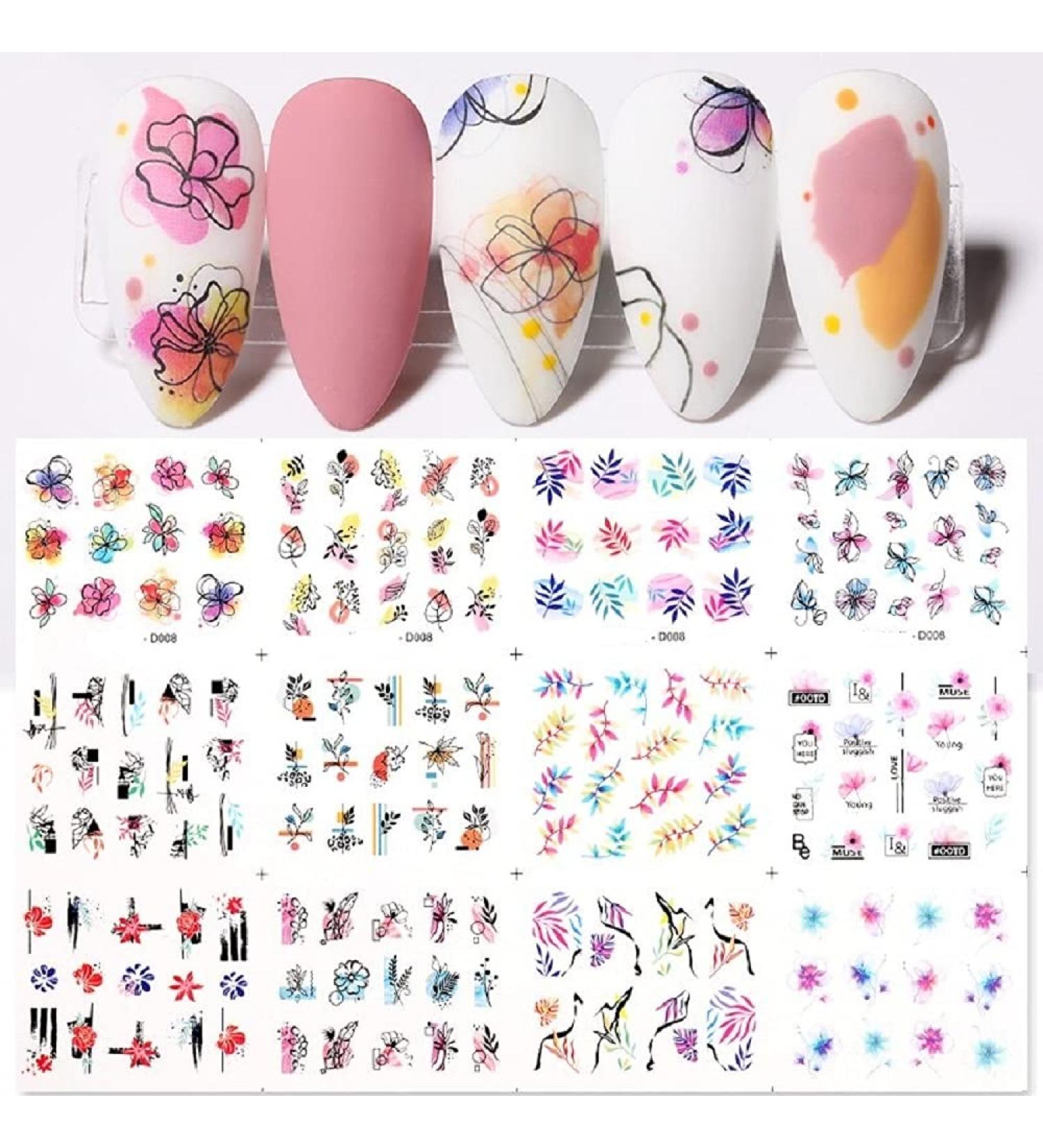 RIKONKA 12 pcs Abstract Lady Face Nail Water Decals Set Colorful Block Wave Line Leaf Flowers Sliders Paper Nail Art Decor(D008)