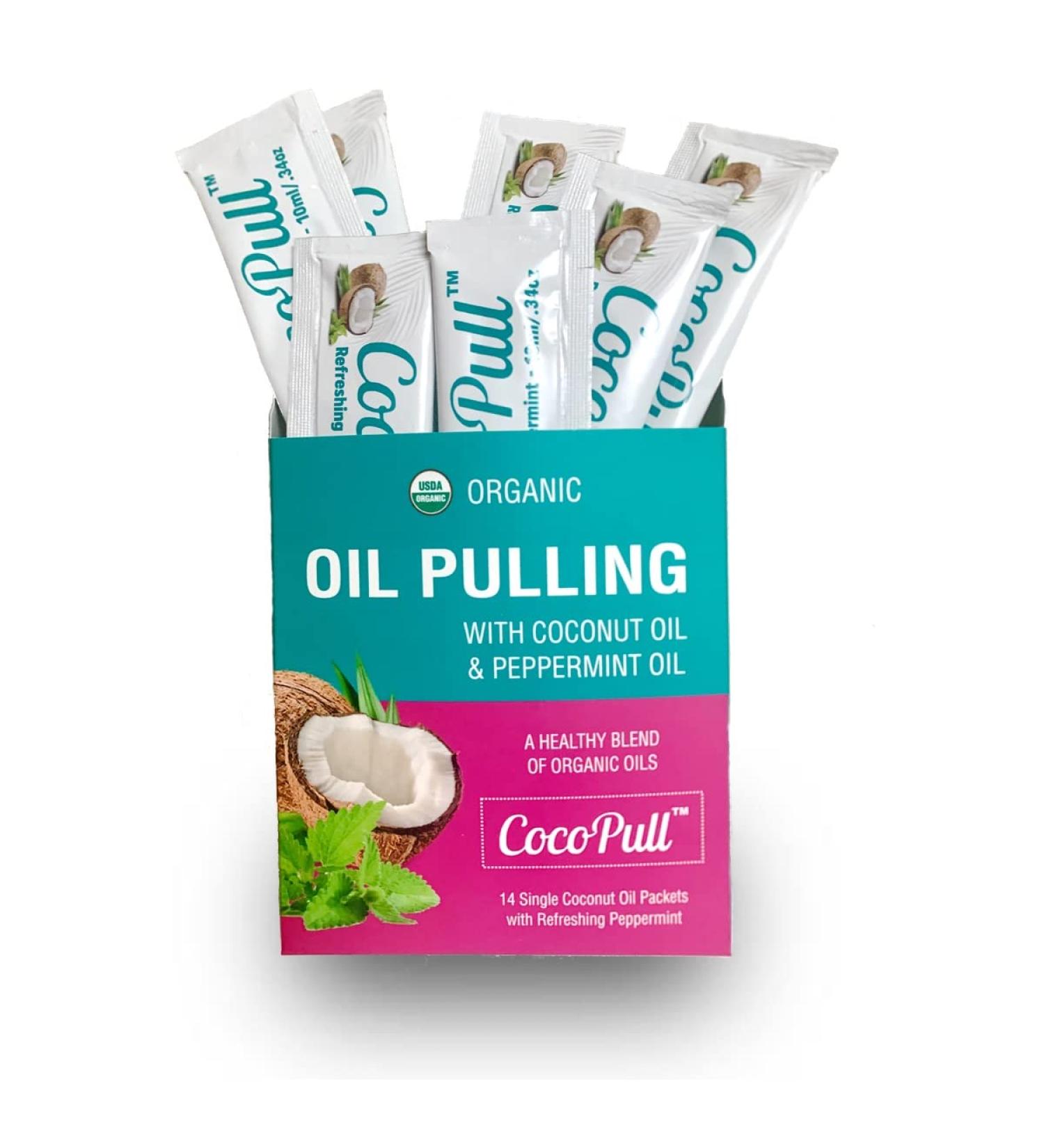 CocoPull Organic Oil Pulling 14 Sachets - Coconut & Peppermint Oil for Healthy Teeth, Gums, Bad Breath & Whitening - Buy Online on GoSupps.com