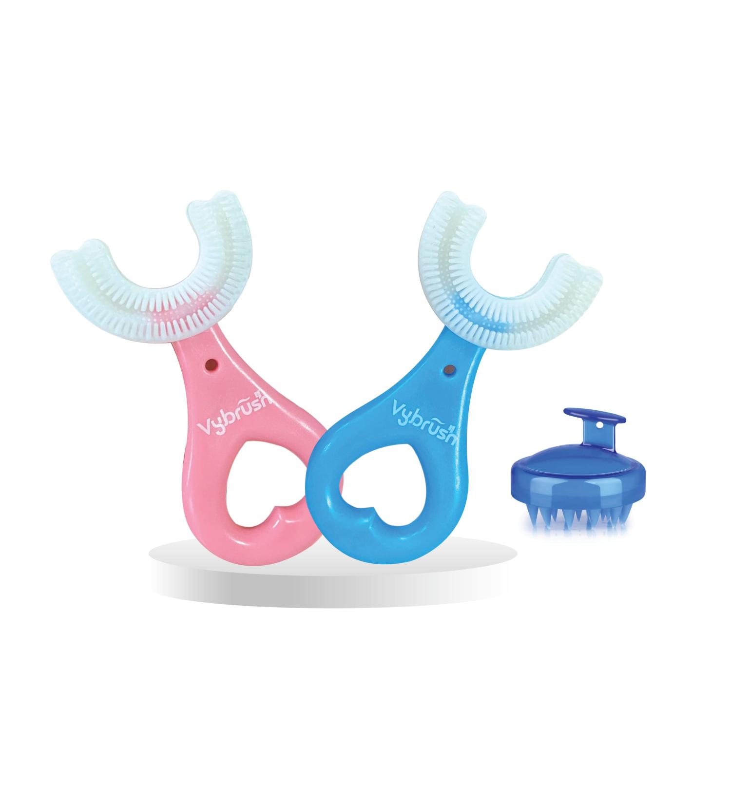 Vybrush U Shaped Kids Toothbrush with Silicone Head - 360 Food Grade, Shampoo Toddler Brush - Pink & Blue Heart Styles - Gift Pack | Ages 2-6 - Buy Online on GoSupps.com