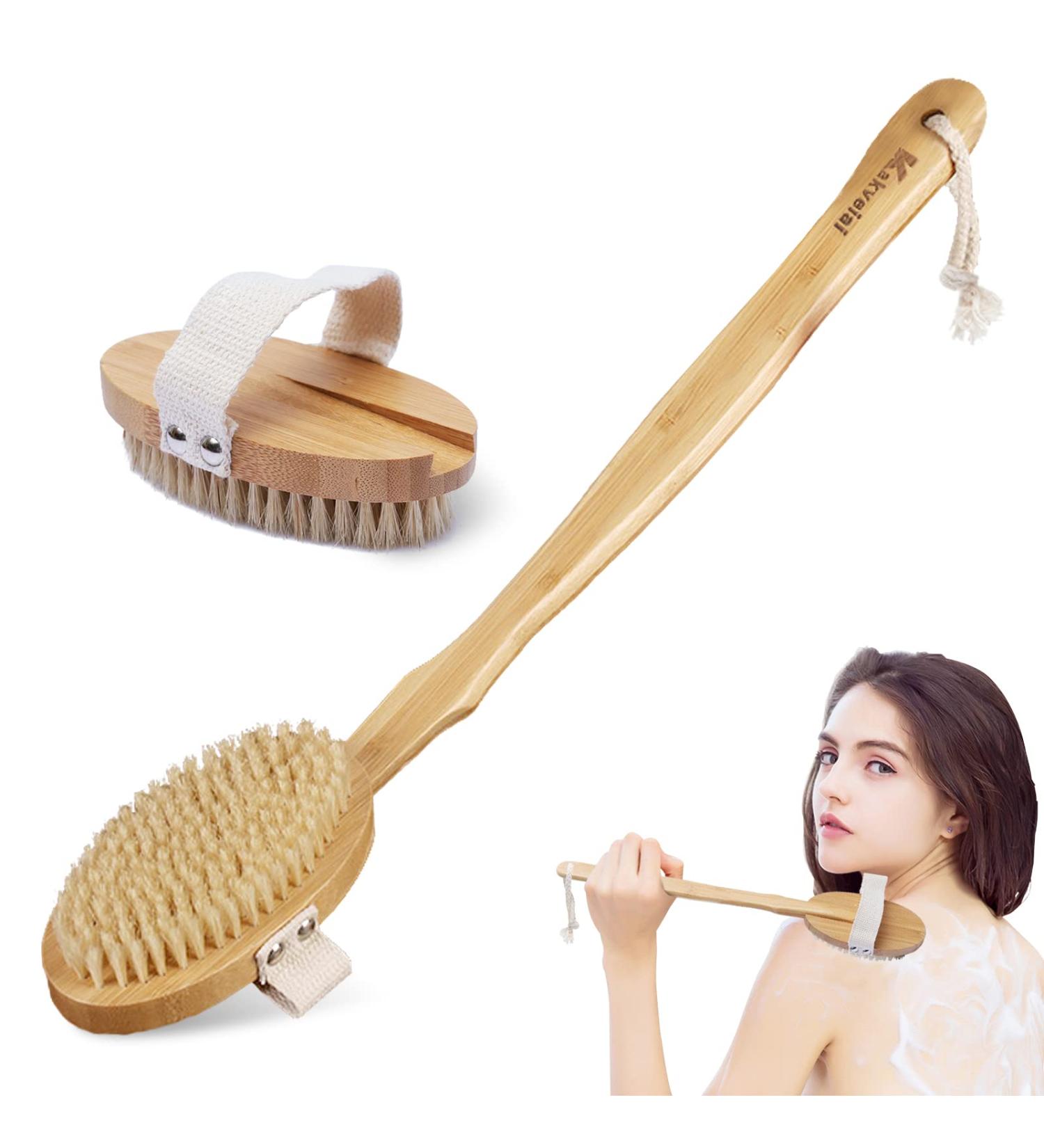 Premium Long Stem Back Brush with 2 Brush Heads - Natural Bristles Body Peeling Shower Brush for Dry Skin & Bathing - Removable Handle for Easy Use - Buy Online on GoSupps.com