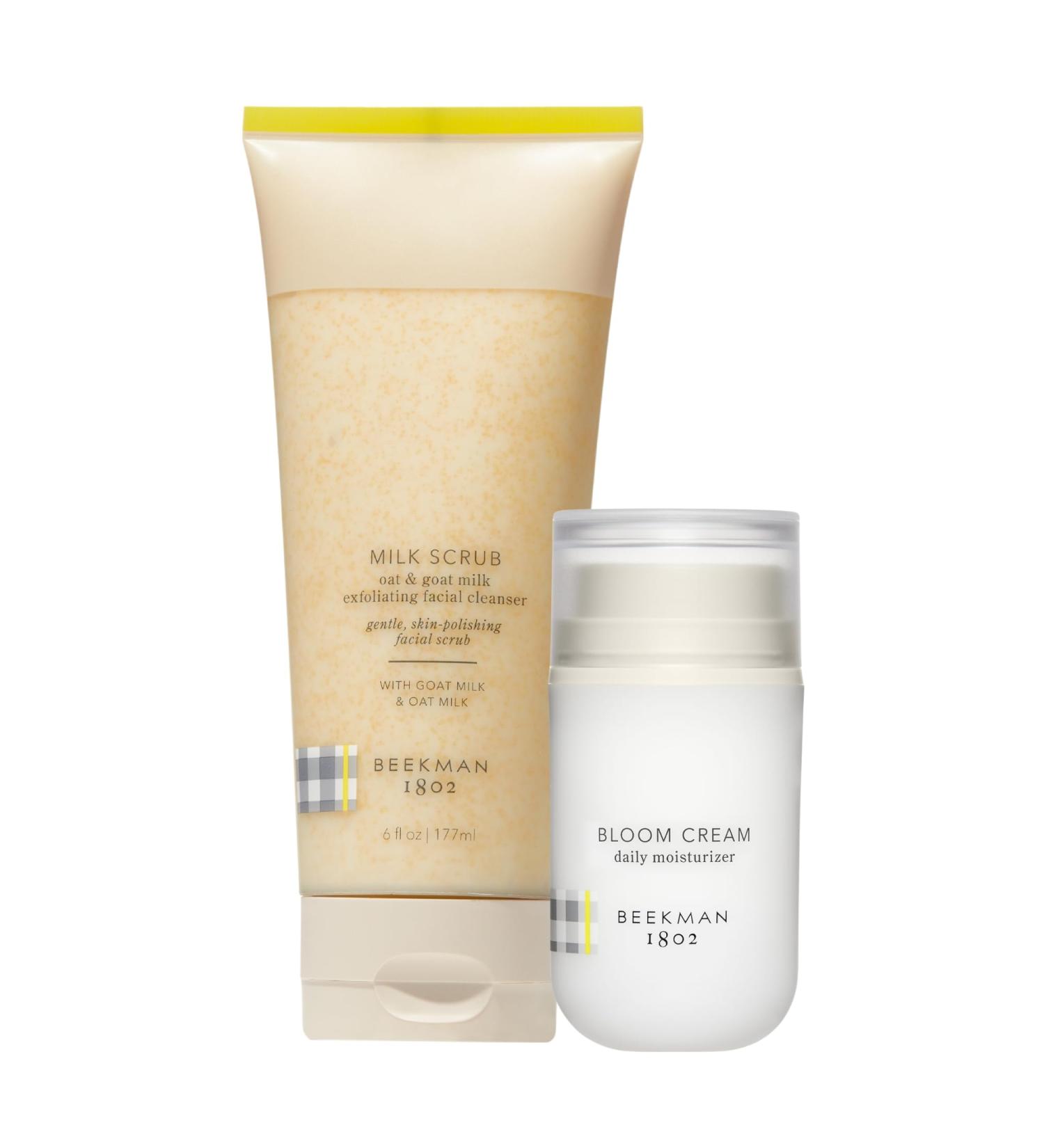 Beekman 1802 Milk Scrub Oat + Goat Milk Exfoliating Face Cleanser (6 fl oz) + Bloom Cream Daily Face Moisturizer (1.69 oz) - Good for Sensitive Skin - Cruelty Free - Buy Online on GoSupps.com