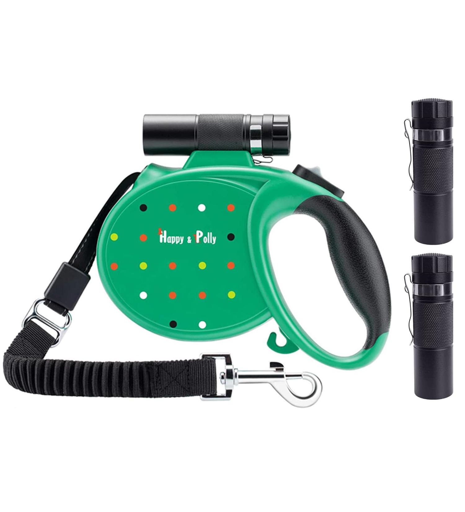 Happy & Polly Dog Leash Retractable Dog Leash Heavy Duty 5M Dog Walking Leash with Flashlight Detachable/Protective Bungee Leash/Magic Box Dispenser Poop Bags for Small Medium Dogs (Green) Green 16.4ft - Buy Online on GoSupps.com