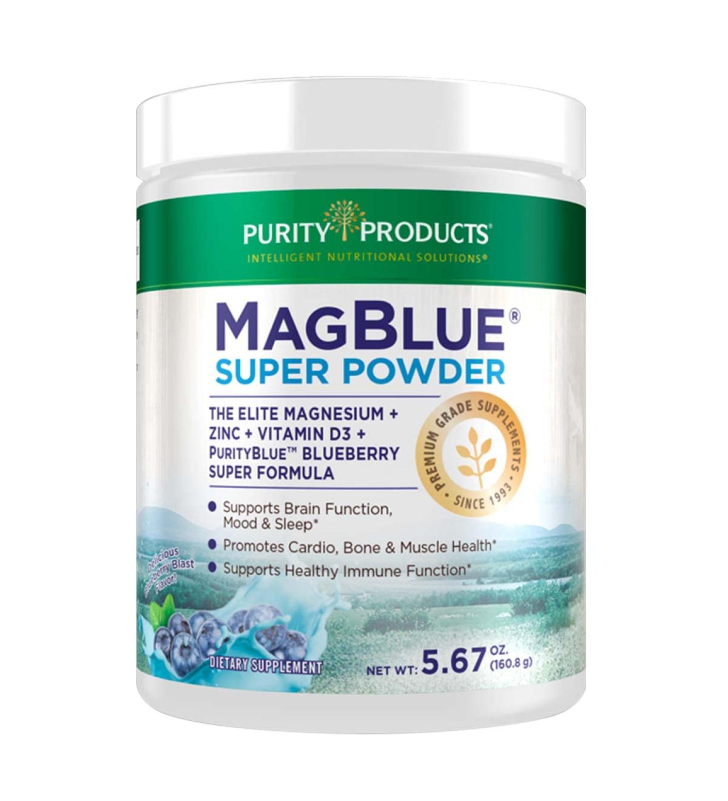 MagBlue Super Powder by Purity Products - Elite Magnesium Bisglycinate Chelate with Blueberries & Key Co-Factors - Blueberry-Blast Flavor | 30 Servings - Buy Online on GoSupps.com