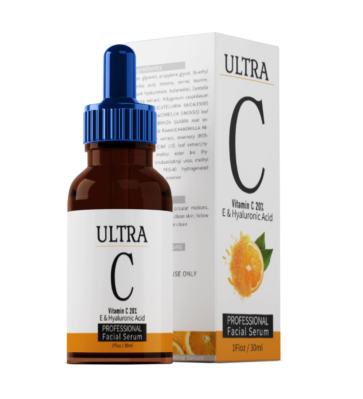 ULTRA Vitamin C & Hyaluronic Acid Face Serum - Hydrating Anti-Aging Serum with 20% Vitamin C for Reduction of Wrinkles, Fine Lines, and Dark Spots - Buy Online on GoSupps.com