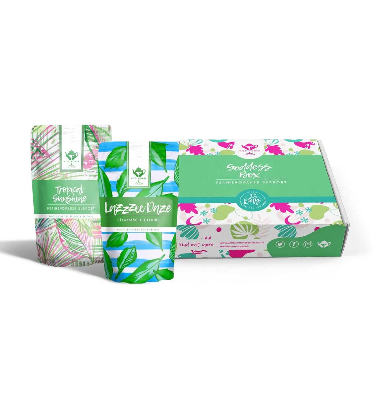 Wild Women Tea Club - PERIMENOPAUSE Support Teas Box - The Goddess - Contains 2 x 80g Tea Blends 'Tropical Sunshine' and 'Lazzeee Daze' | Loose Leaf Herbal Tea Blend - Buy Online on GoSupps.com