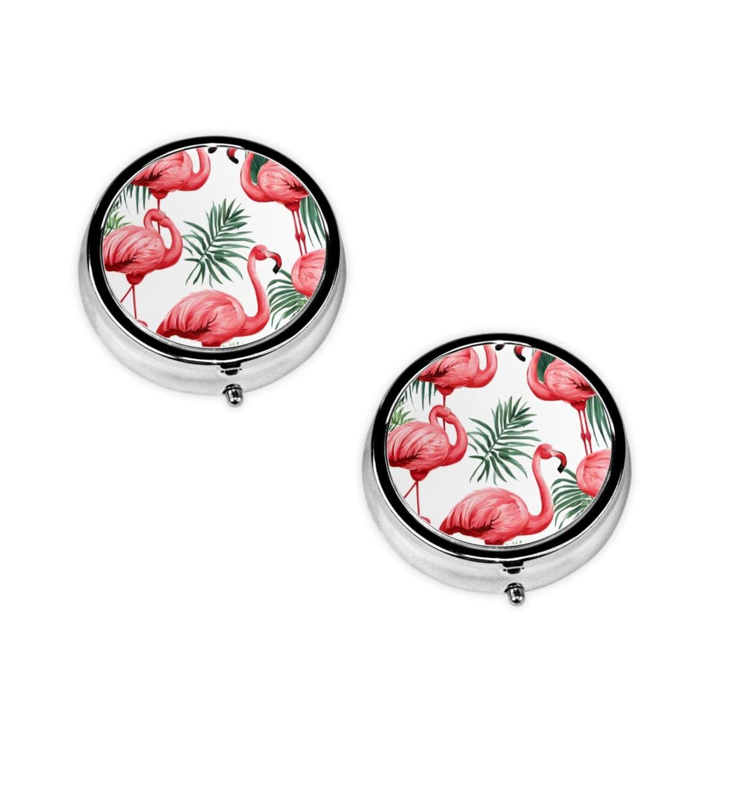 Flamingo Bird Green Leaf Round Pill Box | 3 Compartment Portable Travel Organizer for Vitamins & Medications - Buy Online on GoSupps.com
