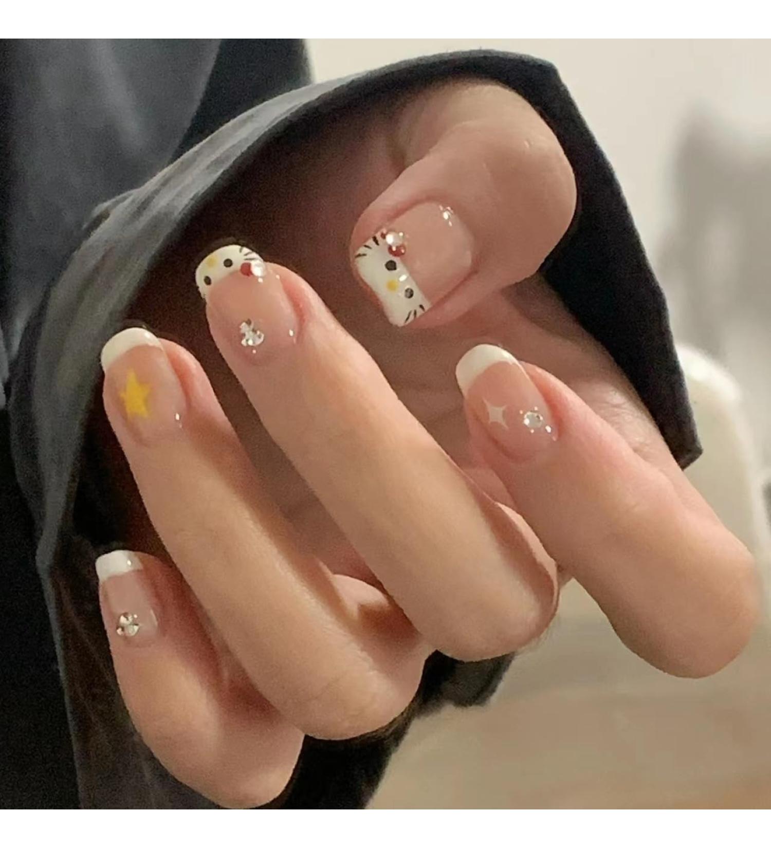 Cute False Nails French White Kitty Stick on Nails 24pcs Short Square Press On Nails with Glue Kitty Design Sweet Fake Nails for Kids Women Girls Maggidea Press On Nail (French Kitty) - Buy Online on GoSupps.com