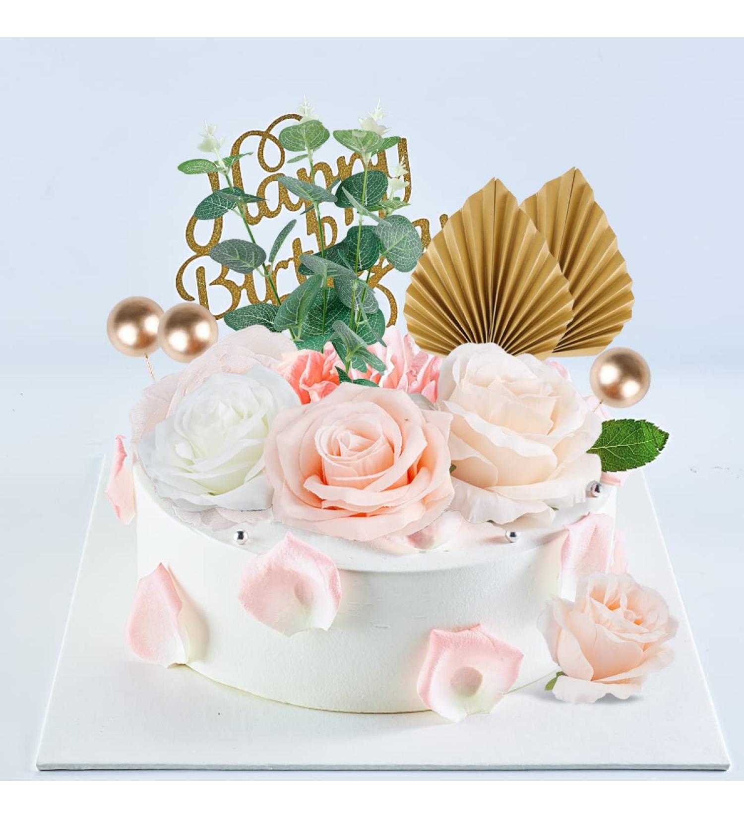22 Pcs Boho Cake Topper Decorations Vintage Paper Palm Fan Cake Toppers Artificial Rose Flowers Leaves Cake Decorations for Wedding Bridal Baby Shower Birthday Party Supplies - Buy Online on GoSupps.com