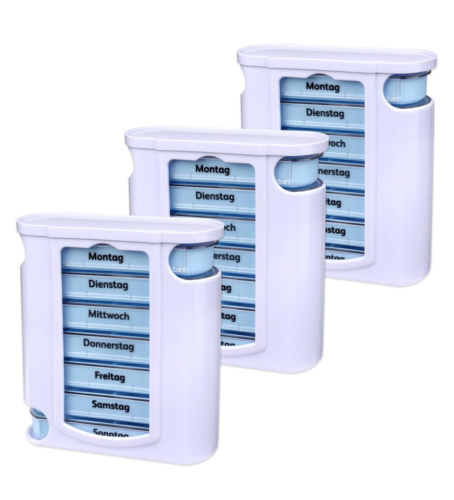 Schramm 3-Piece Weekly Pill Organizer - White & Blue Slide Tablet Box | 7-Day Dosage Medication Management - Buy Online on GoSupps.com