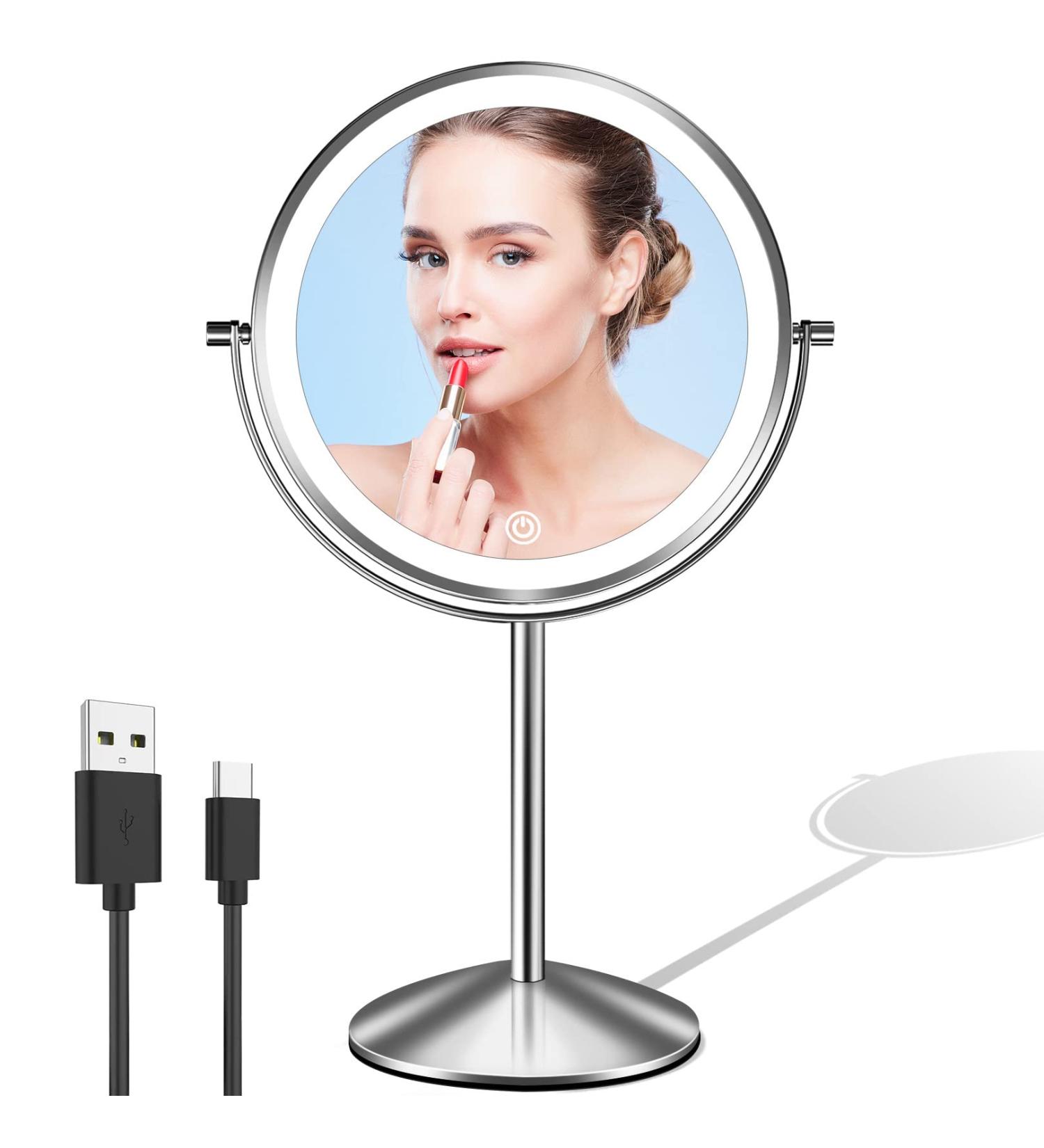 Rechargeable 8 HD Double Sided Lighted Makeup Mirror with 1X/10X Magnification - 3 Color LED Dimmable Vanity Mirror - Buy Online on GoSupps.com