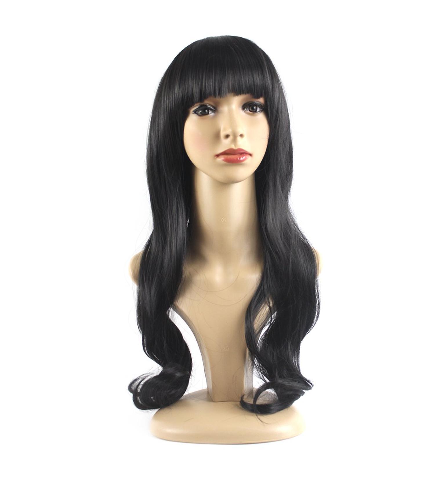 Xiaoyu Flat Bangs Long Curly Wigs - Natural Synthetic Black Wig for Women - International Shipping Available - Buy Online on GoSupps.com