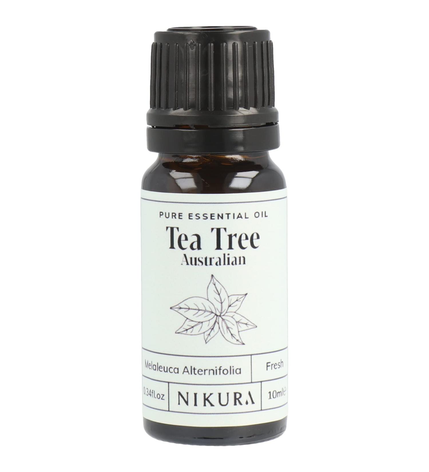 Nikura Pure Australian Tea Tree Essential Oil for Skin Nail Fungus Face Hair Acne Piercings Head Lice | Diffuser Oil for Home Candle & Soap Making | 10ml | Vegan & UK Made Tea Tree (Australian) - Buy Online on GoSupps.com
