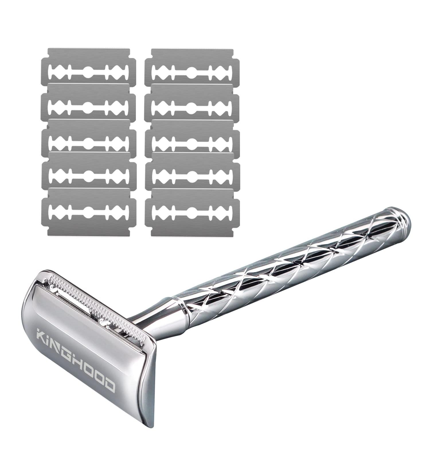 Single Blade Safety Razor - Premium Metal Razor for Men & Women with 10 Stainless Steel Blades - Silver Finish - Buy Online on GoSupps.com