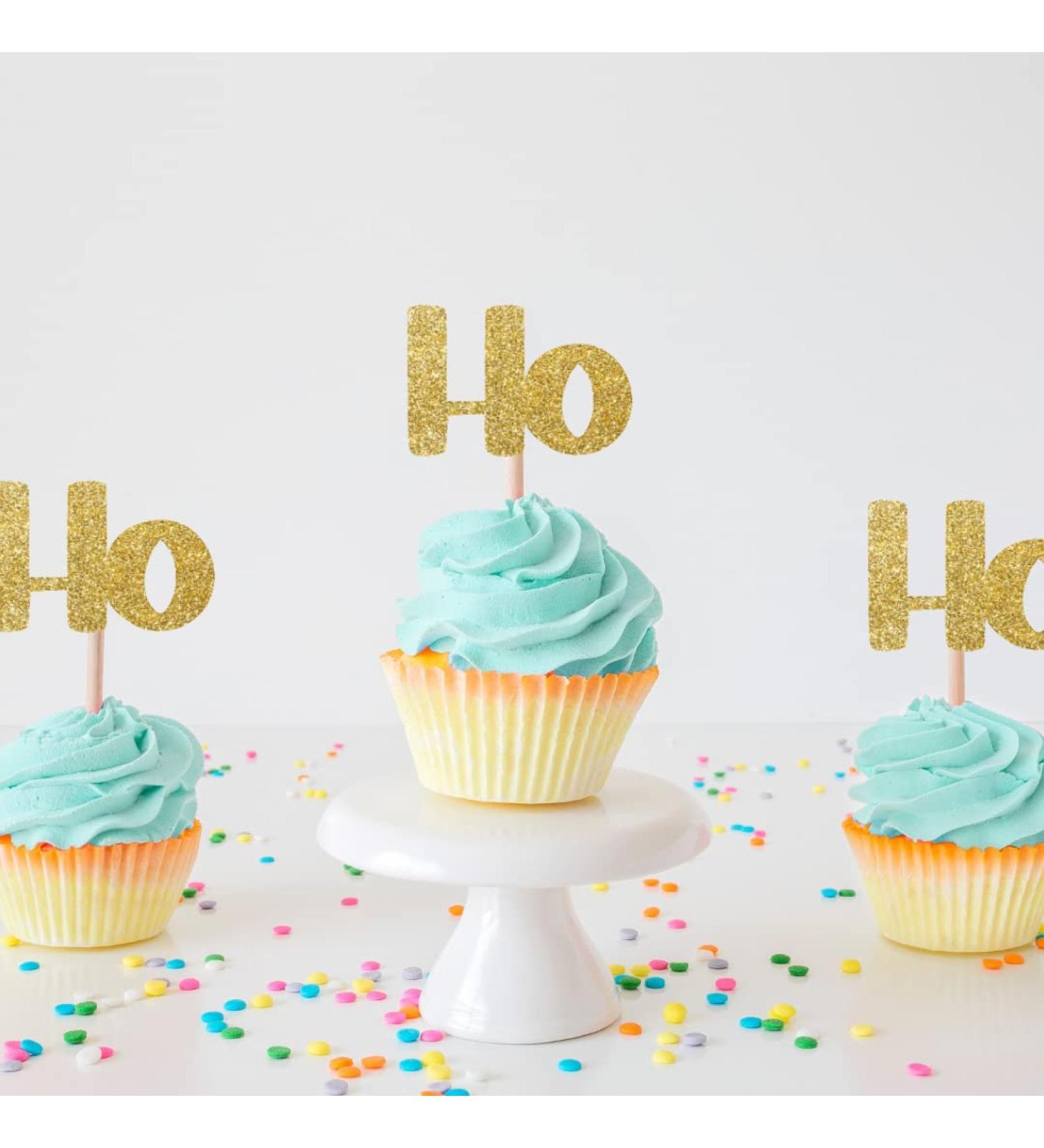 Ho Ho Ho Christmas Cupcake Topper Mirror and Glitter Cardstock (6 Pack Rose Gold Glitter) 6 Pack Rose Gold Glitter