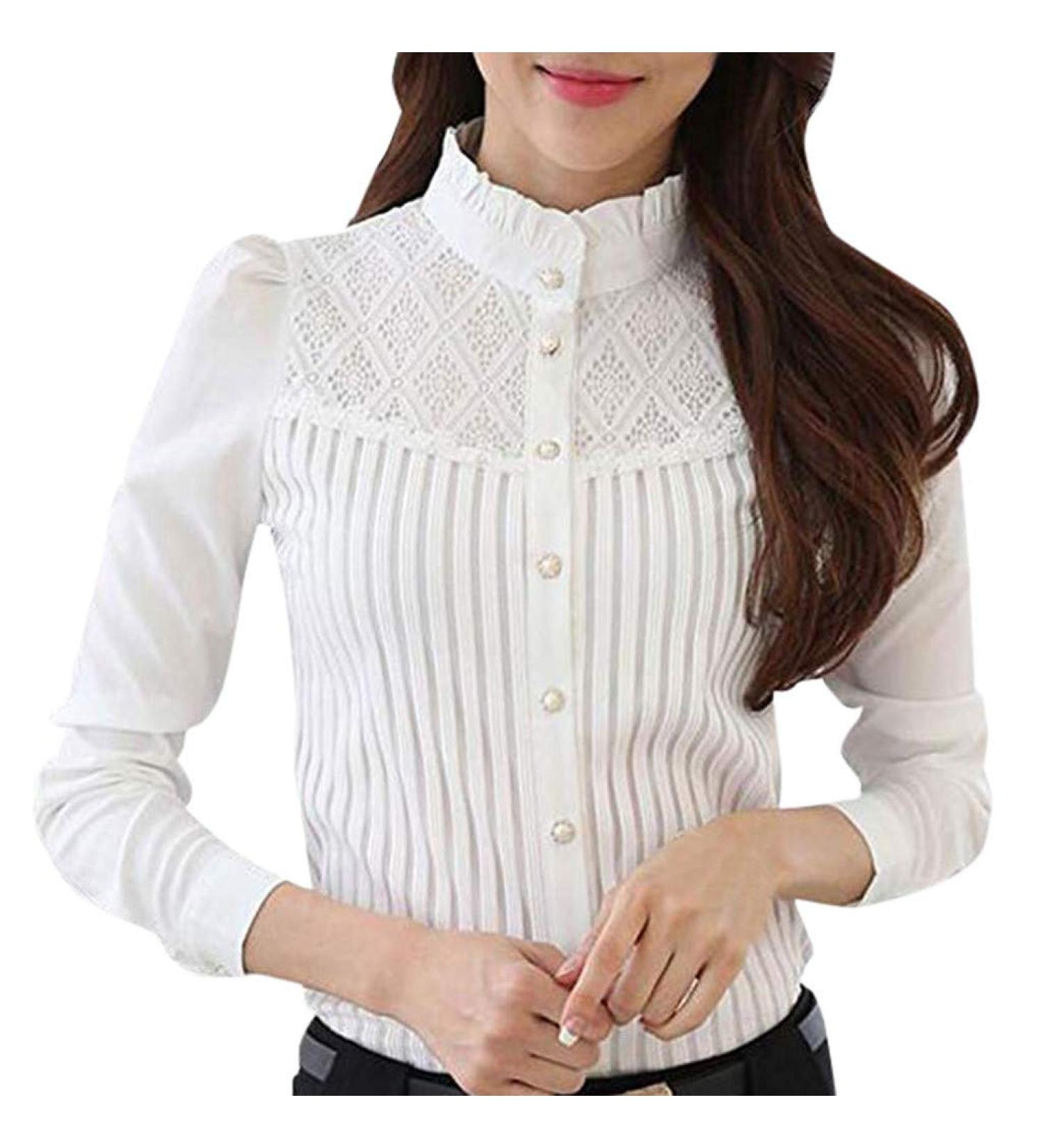 Geilisungren Women s Elegant Stand-Up Collar Blouse - Chiffon Lace Patchwork Button Tops - Casual Oversized XXL White Fashion - Buy Online on GoSupps.com