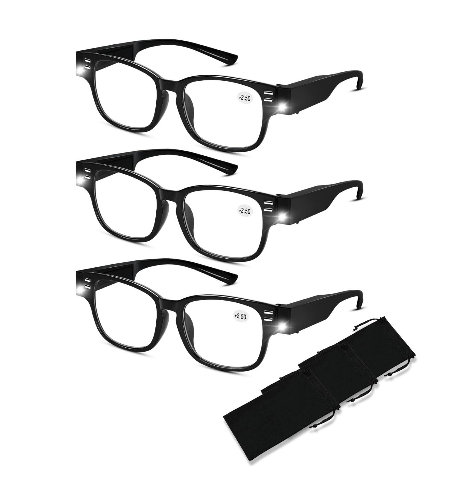3-Pack LED Reading Glasses with Lights | Blue Light Blocking Magnifying Eyeglasses for Men & Women - Nighttime Use +250 Magnification - Buy Online on GoSupps.com