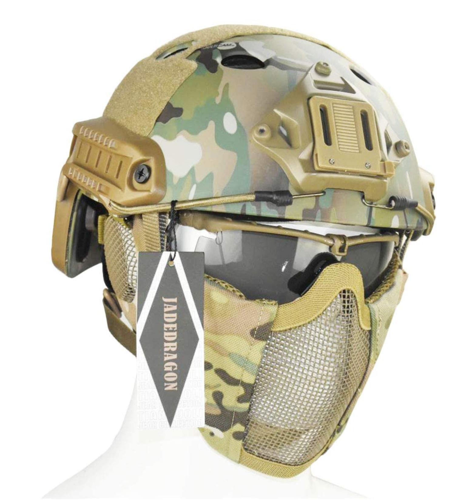 Jadedragon PJ Tactical Fast Helmet with Foldable Ear Protection, Half Face Mesh Mask & Goggle CP - Buy Online on GoSupps.com