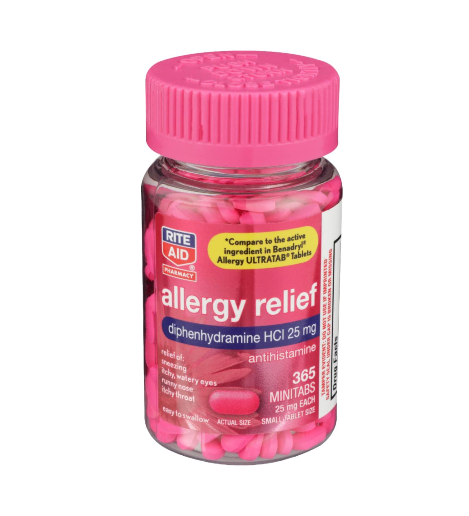 Rite Aid Allergy Relief 365 Minitabs - Diphenhydramine HCI 25mg Antihistamine - Small Easy-to-Swallow Tablets for Common Cold & Respiratory Allergies - Buy Online on GoSupps.com