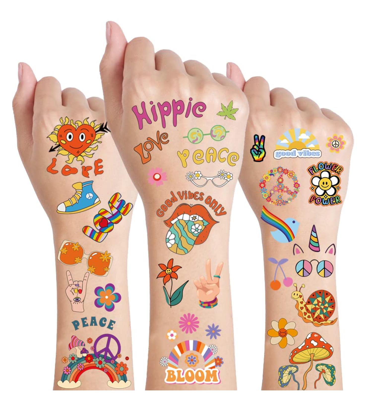 Hippie Temporary Tattoos - Assorted Groovy Designs for Kids and Women | Waterproof Face and Body Stickers | Love and Peace Sign | 10 Sheets - Buy Online on GoSupps.com