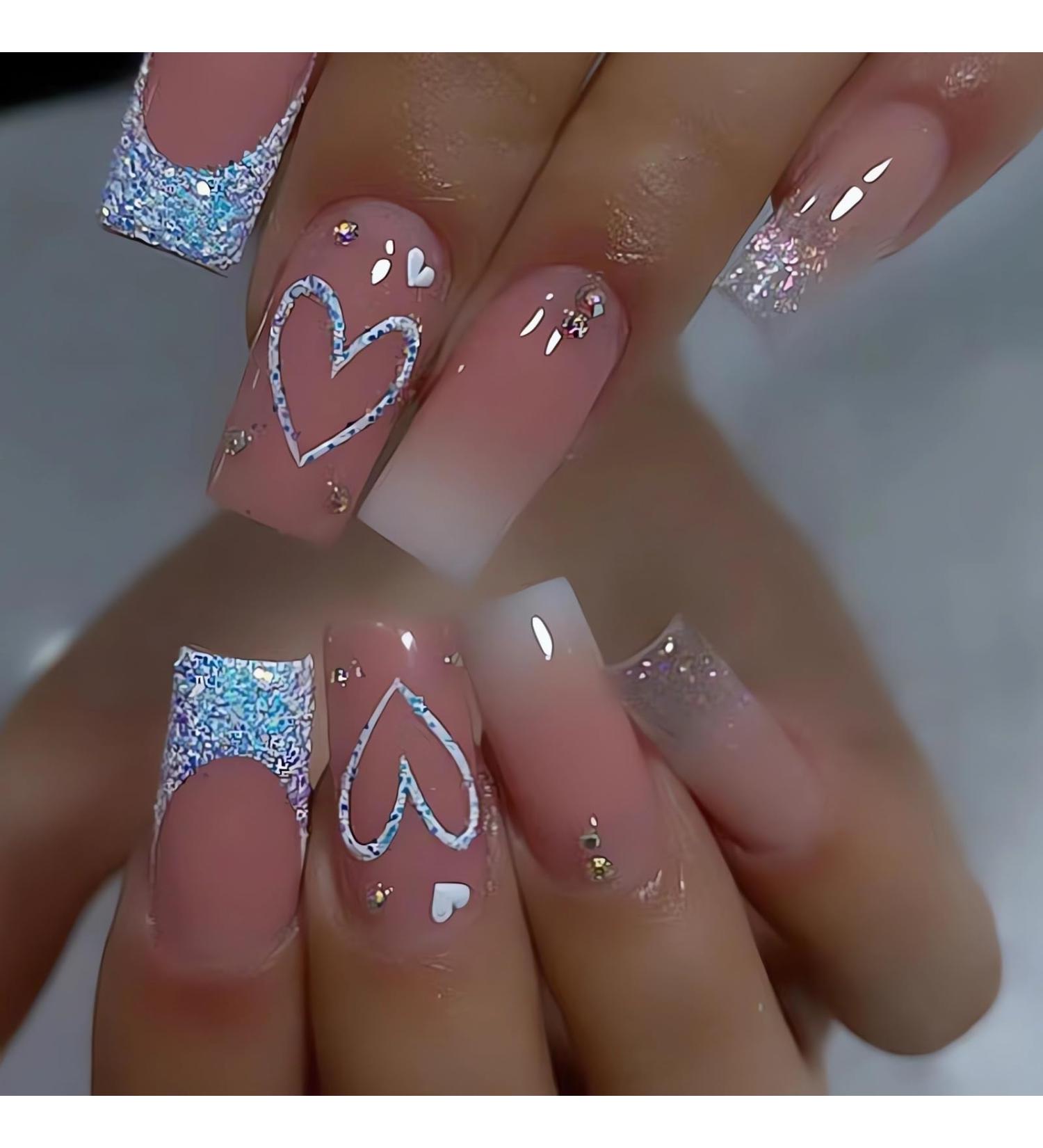 SINSEN Square Press on Nails - Medium French Tip with Heart Design Glossy Pink Fake Nails Set (24 Pcs) - Reusable & Includes Adhesive Glue Stickers - 12 Sizes Available - Buy Online on GoSupps.com
