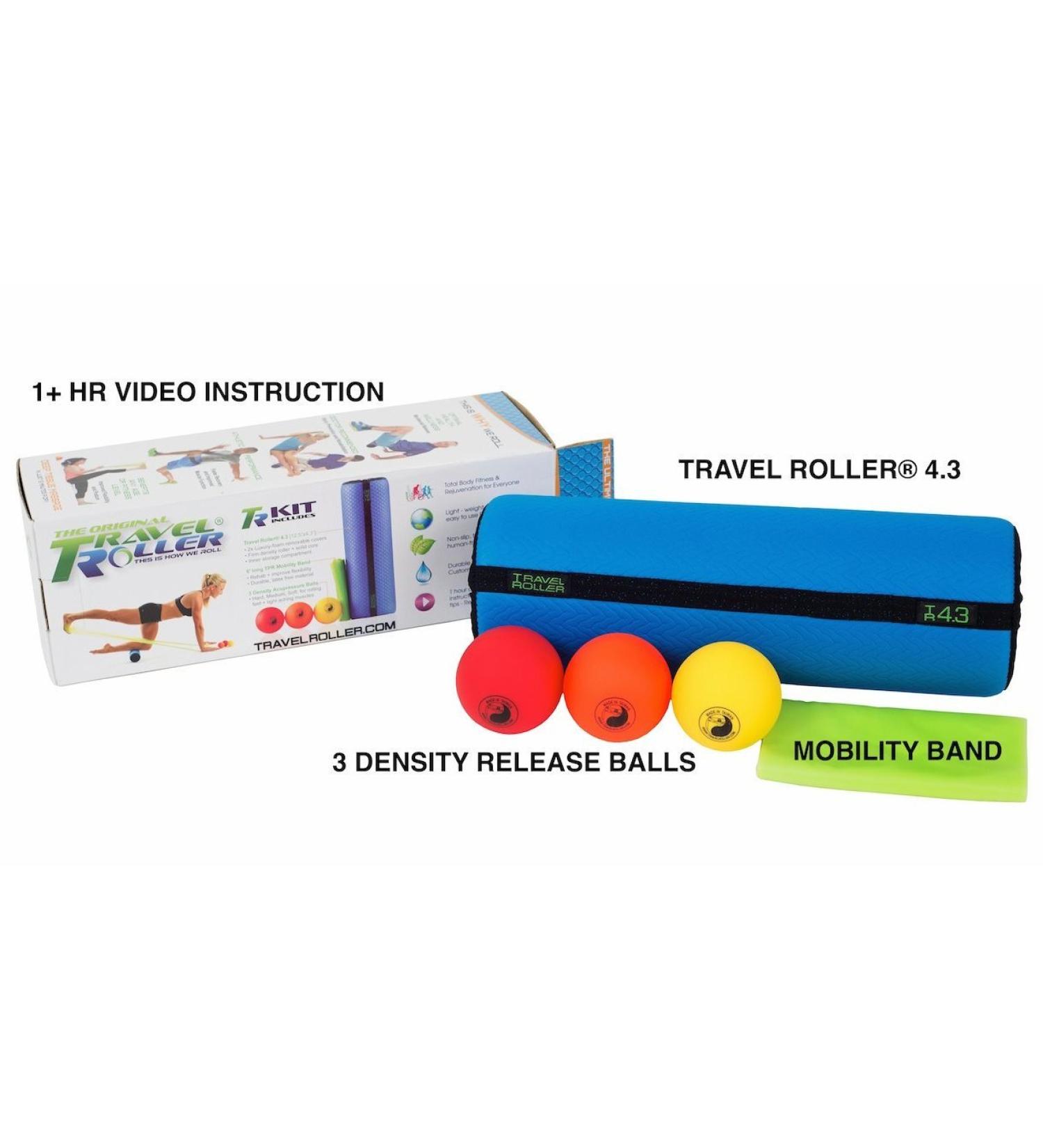 Travel Roller Deluxe Kit Foam Roller *BLUE* Includes Travel Roller 4.3 3 variable density trigger point balls/poster 6ft TPR Mobility Band 1.5 hours exclusive video instruction + NEW APP - Buy Online on GoSupps.com