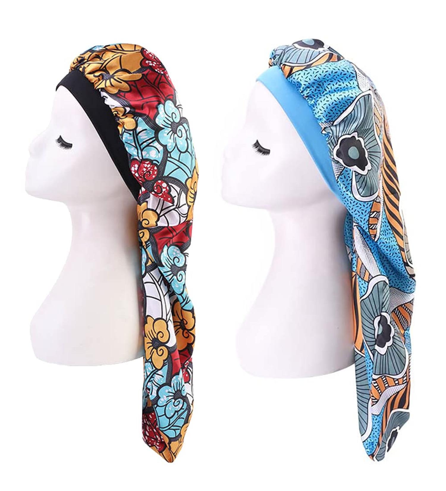 2PCS Extra Long Satin Bonnet Set for Braids Hair - Blue Flowers & Colorful Clouds - Buy Online on GoSupps.com