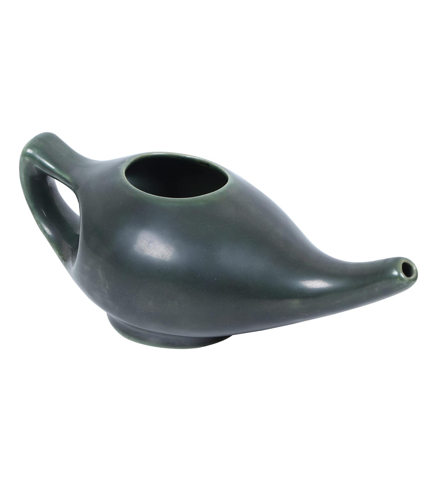 Leak Proof Durable Porcelain Ceramic Neti Pot 300ml - Olive Green | Natural Sinus Treatment | Microwave & Dishwasher Safe - Buy Online on GoSupps.com