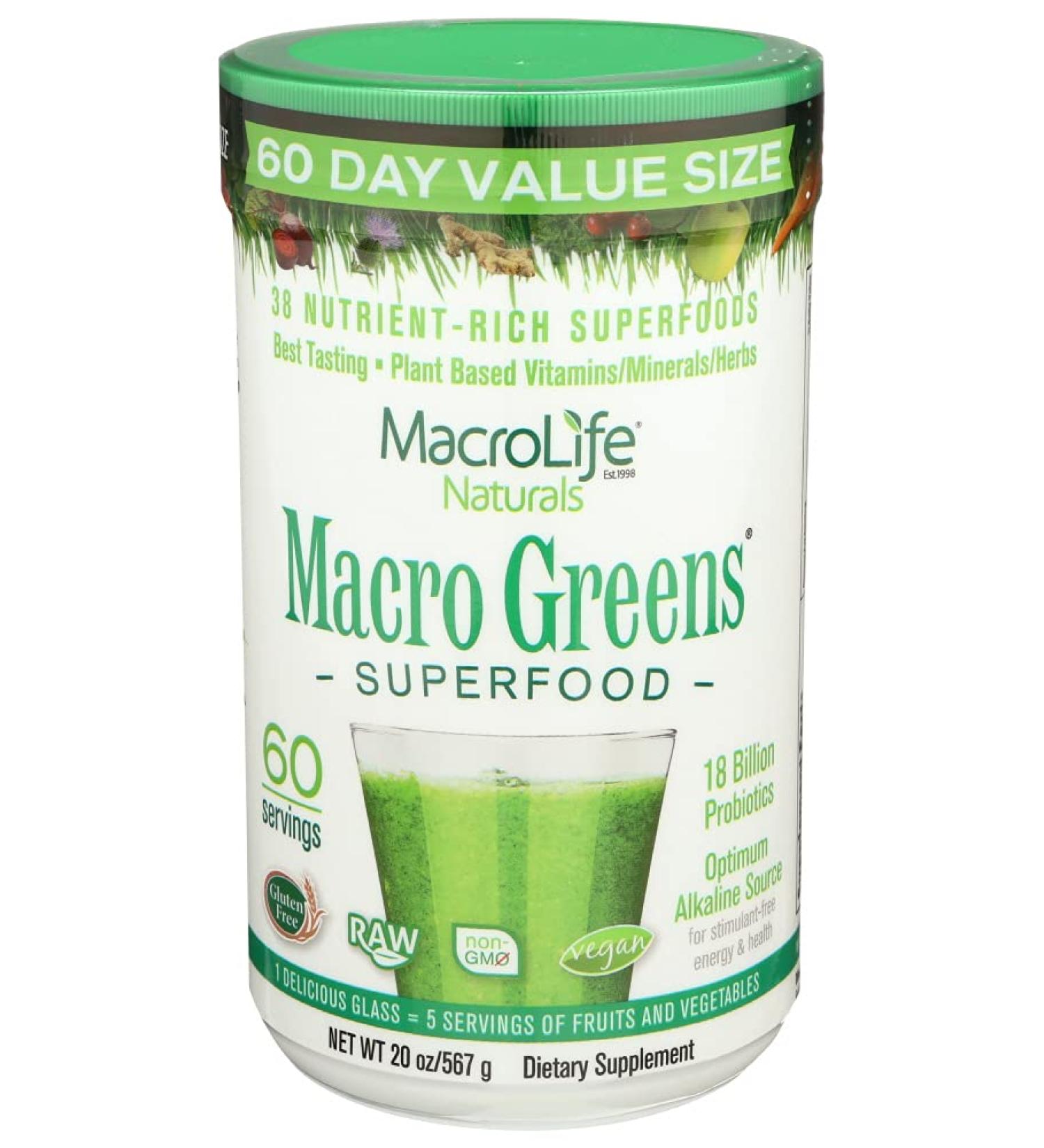 MacroLife Naturals Macro Greens Powder: 38 Superfood Probiotic Antioxidant Enzyme Supplement - Immunity Energy Cleanse - Non-GMO Vegan Gluten-Free Dairy-Free - 60 Servings - Buy Online on GoSupps.com