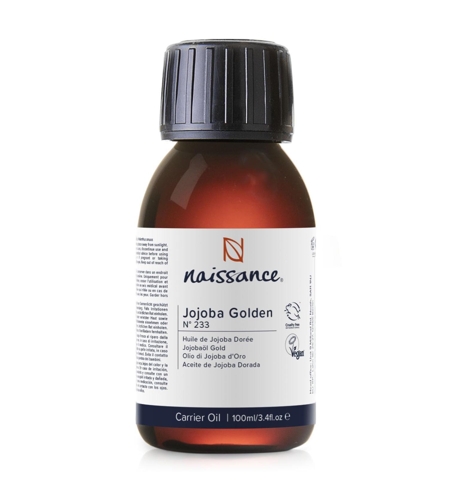 Naissance Golden Jojoba Oil (No. 233) - 100ml - Cold Pressed Unrefined - Natural Moisturiser for Skin Face Beard Nails Hair Body Scalp - Massage Aromatherapy DIY Beauty Candles Vegan 100 ml (Pack of 1) - Buy Online on GoSupps.com