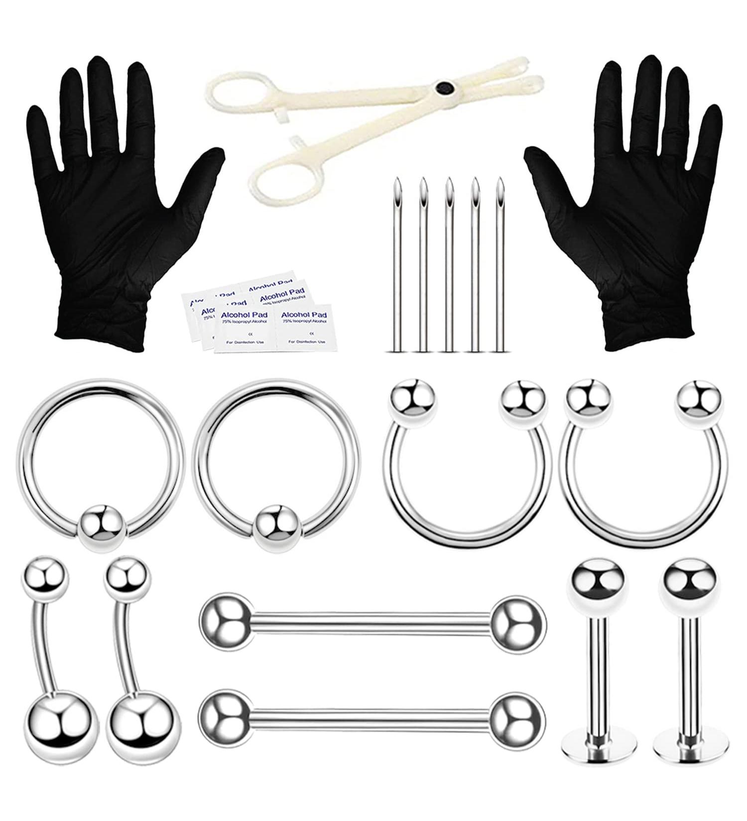 BodyJ4You 20PC PRO Body Piercing Kit | Surgical Steel 14G 16G | Nose Septum Ear Cartilage Lip Belly Navel Tragus Eyebrow | Needles Gloves Clamps Included - Buy Online on GoSupps.com