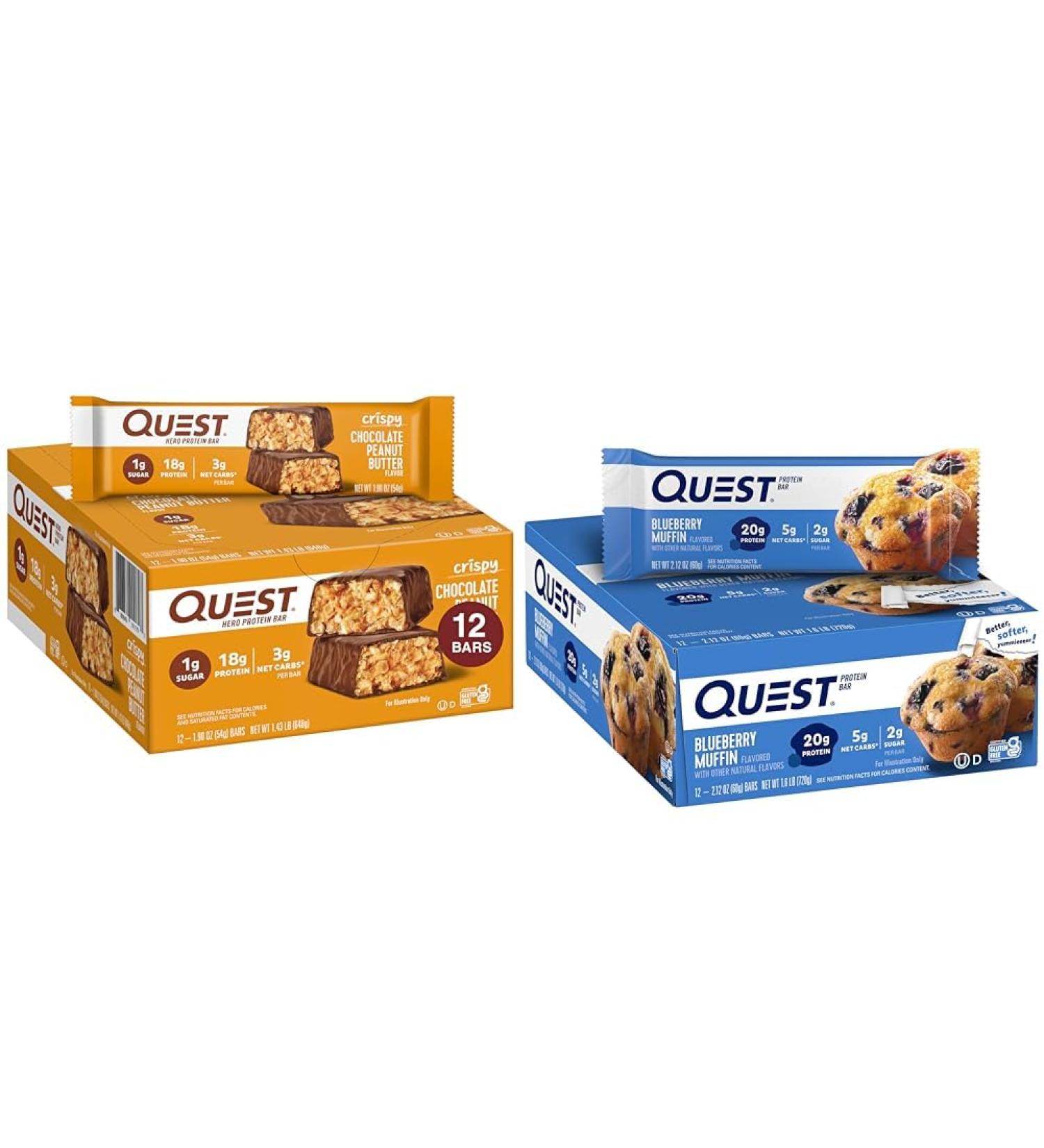 Quest Nutrition Crispy Chocolate Peanut Butter Hero Protein Bar 18g Protein 12 Count and Blueberry Muffin Protein Bars 21g Protein Gluten Free Keto Friendly 12 Count Pack of 1 - Buy Online on GoSupps.com