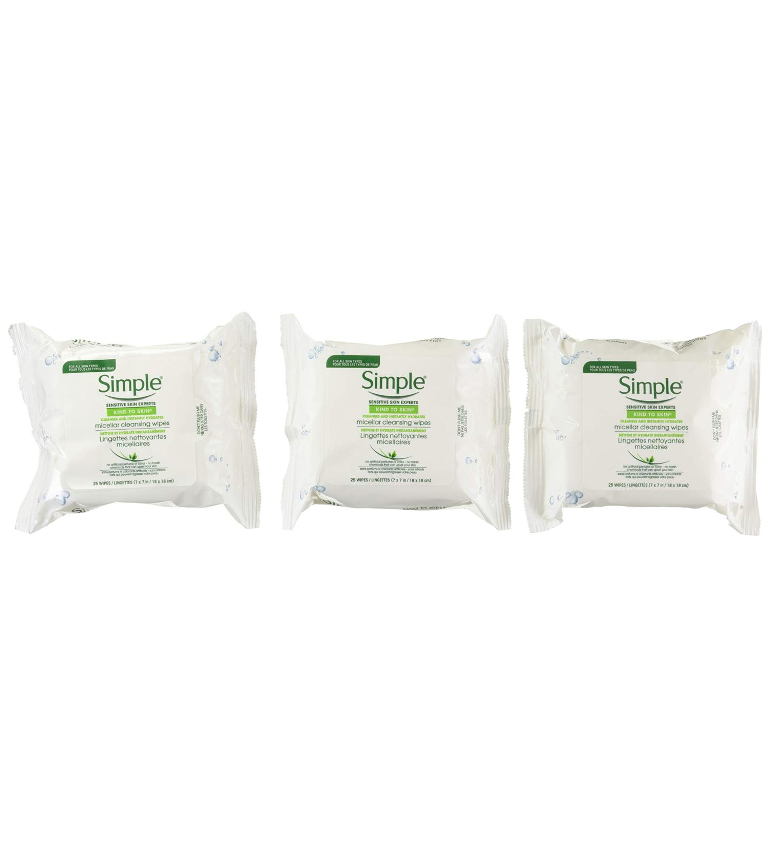Simple Micellar Makeup Remover Wipes 25 Count (3 Pack)