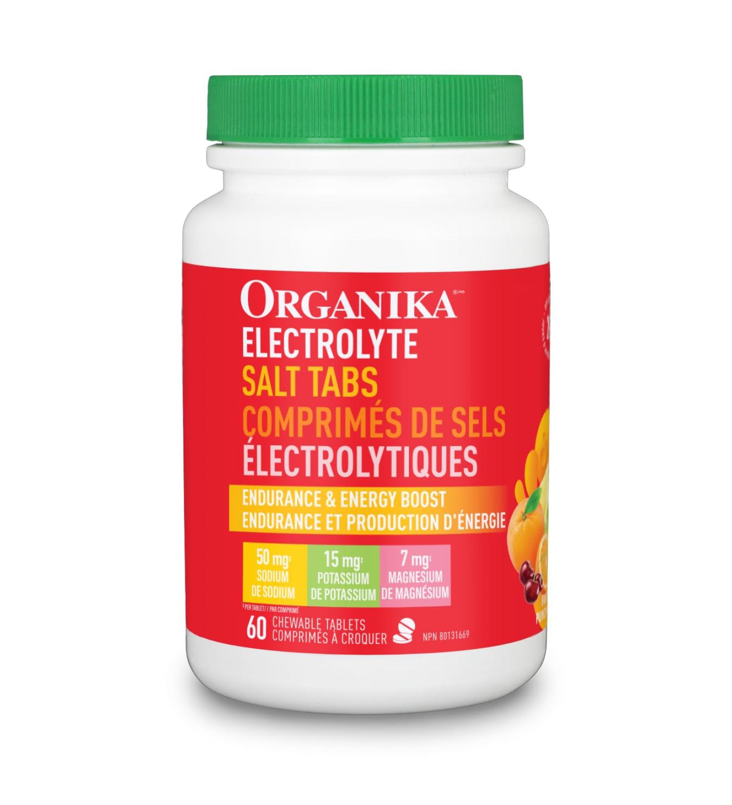 Organika Electrolyte Salt Tabs - Fruit Punch Flavour Chewable - Fast Hydration for Endurance and Energy Boost with Added D-Glucose - 60tabs - Buy Online on GoSupps.com