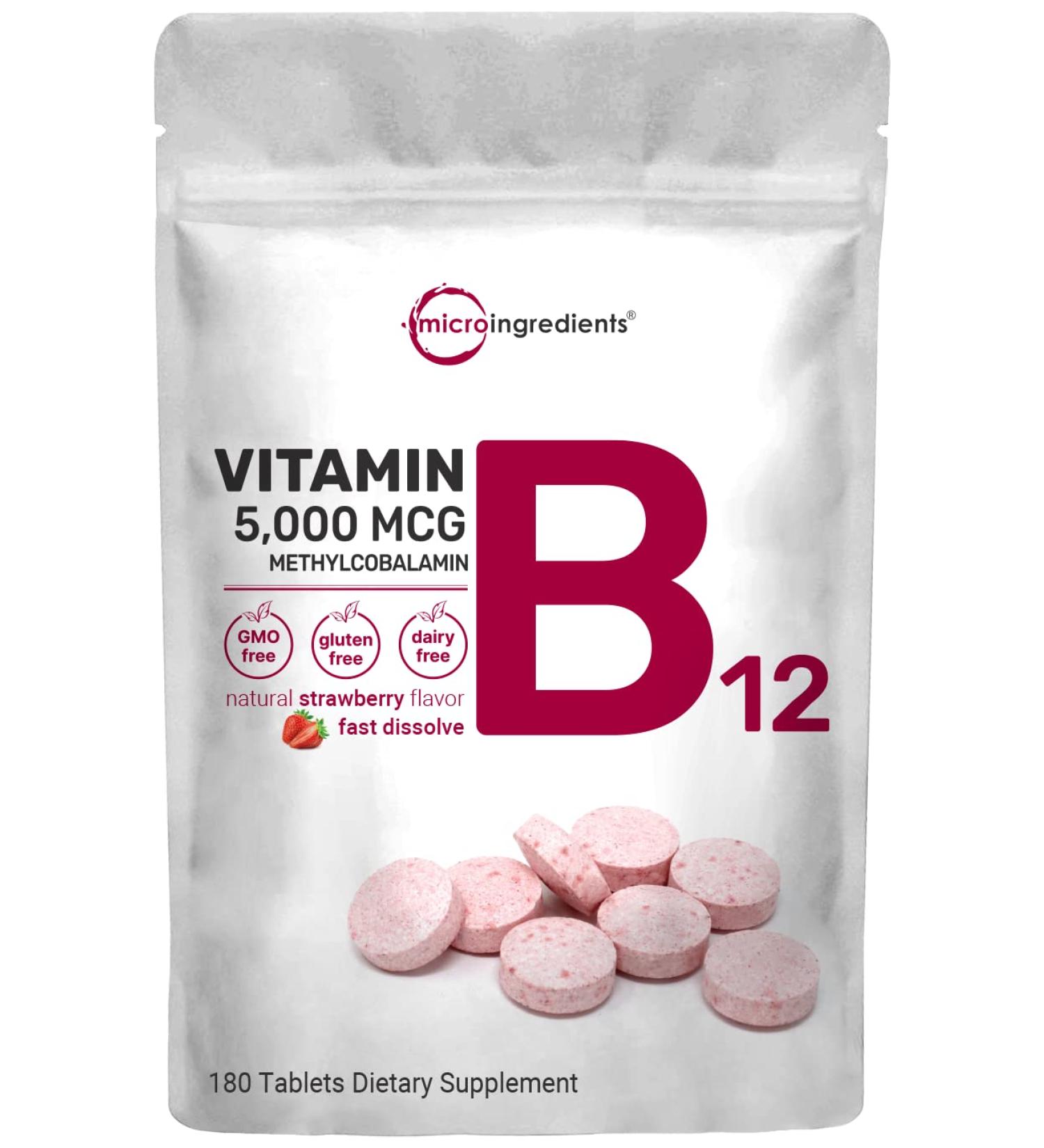 Micro Ingredients Vitamin B12 5000mcg Chewable Tablets - Natural Strawberry Flavor | Vegan, Non-GMO, Gluten-Free | Energy & Metabolism Support - Buy Online on GoSupps.com
