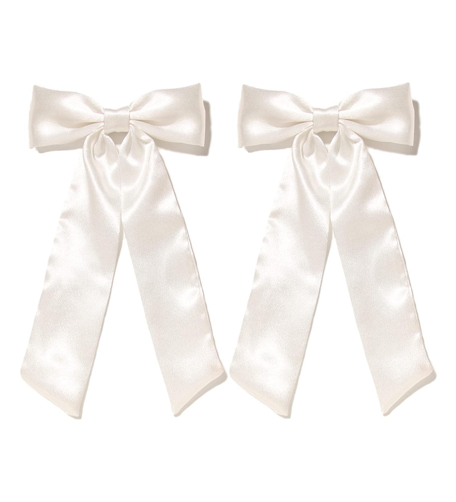 Furling Pompoms Bow Hair Clips - White Satin Ribbon Bows for Women & Girls | Hair Accessories for Party, Wedding, Prom | 2pcs Set - Buy Online on GoSupps.com