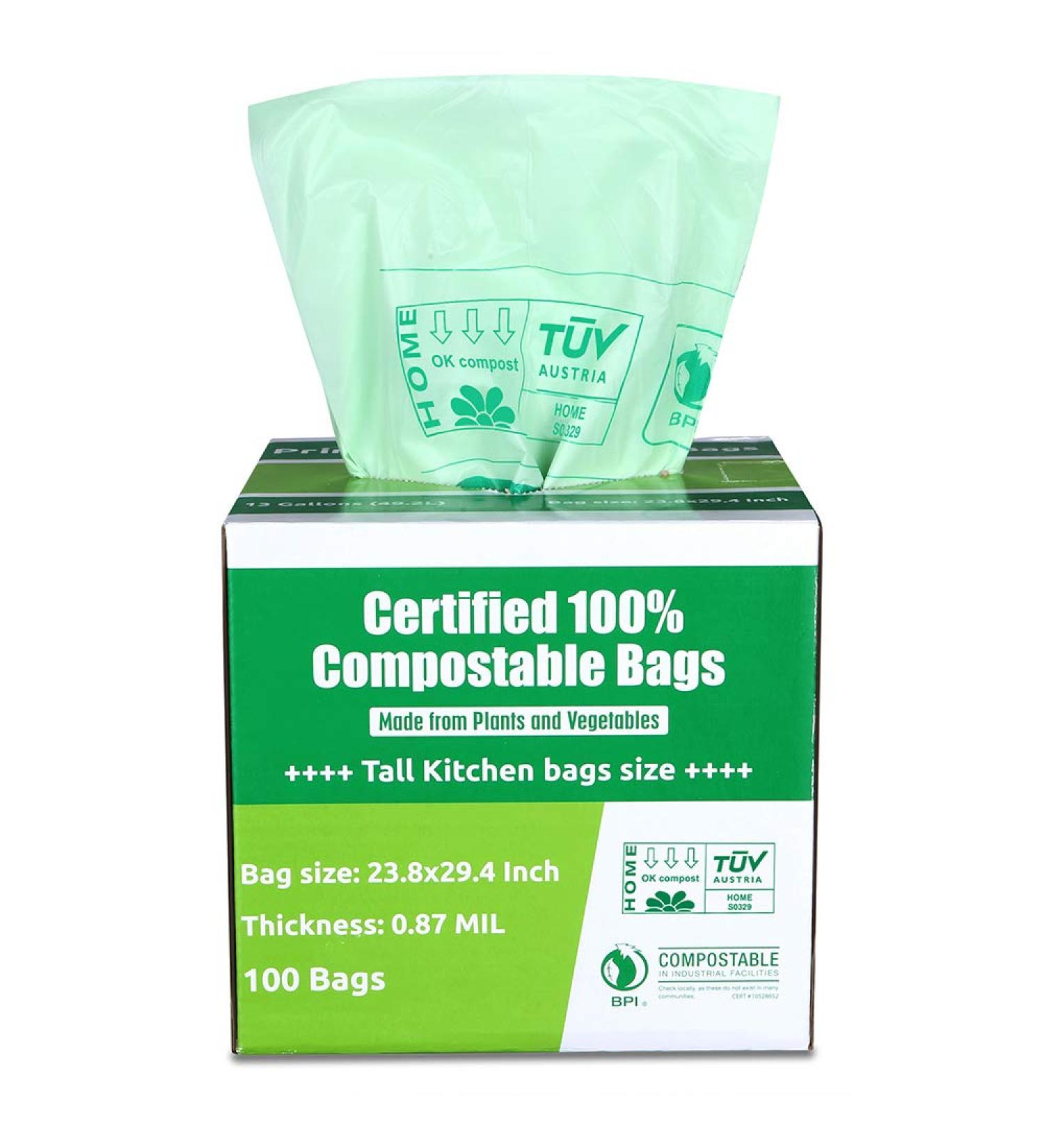 Primode 13 Gallon Compostable Trash Bags - 100 Count, Extra Thick 0.87 Mil, BPI and TUV Certified - Buy Online on GoSupps.com