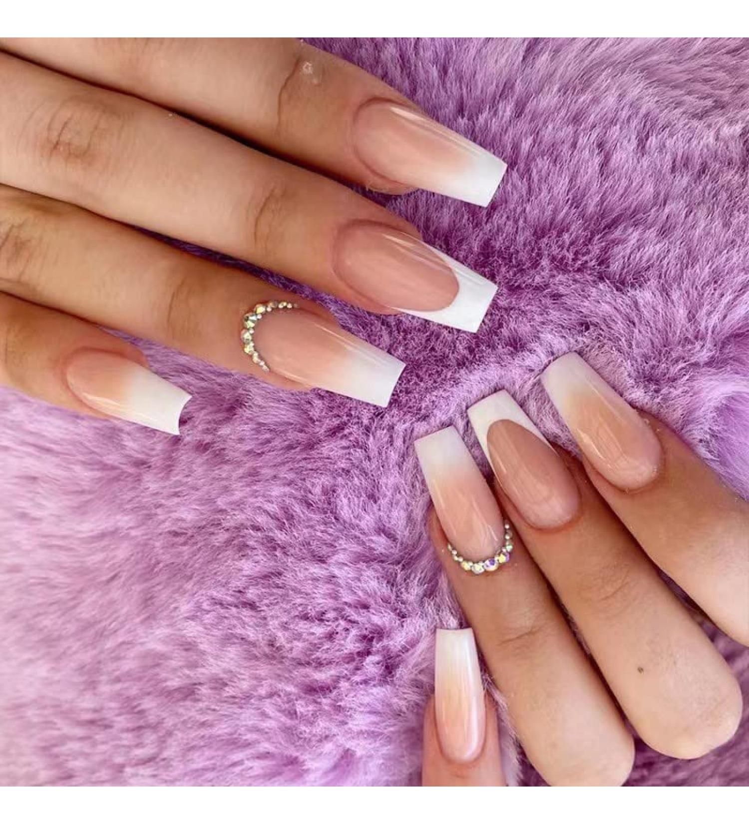 24pcs Short Square False French Tip False Nails Stick on Nails Glitter Press on Nails Removable Glue - on Fake Nails Acrylic Full Cover Nails Women Girls Nail Art Accessories (Pink White Diamond) - Buy Online on GoSupps.com