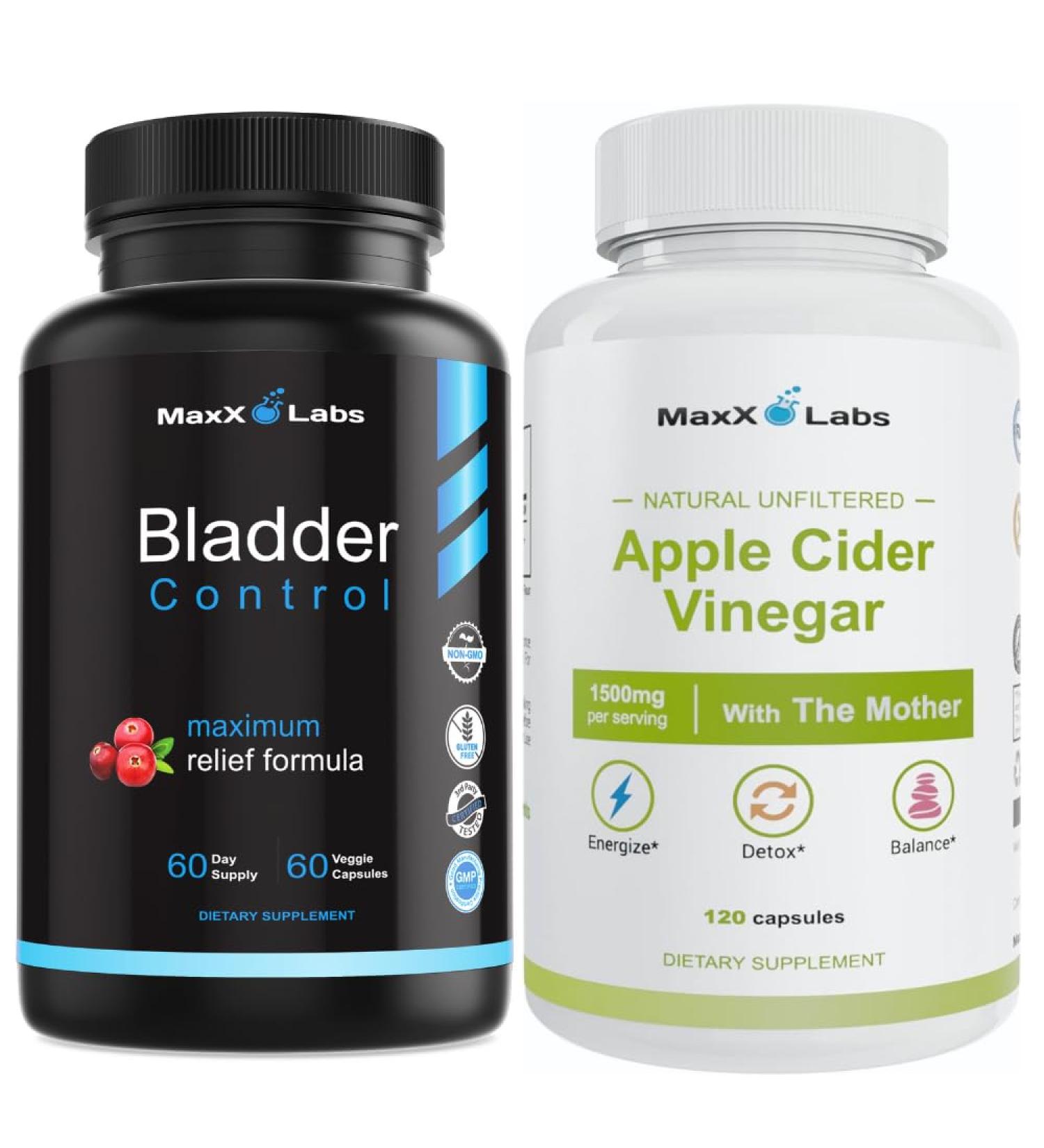 MaxX Labs Bladder Control Supplement + Apple Cider Vinegar Capsules Support for Urinary Tract Health Energy & Digestion Pumpkin Seed Oil Cranberry Extract ACV with Mother 60 Ct Each - Buy Online on GoSupps.com