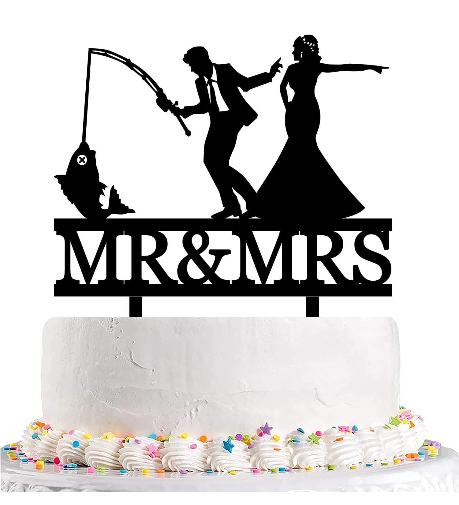 Funny Fishing Wedding Cake Topper - Just Wait a Second - The Bride Urges Groom to Get Married Fishing Couple Cake Topper Mr & Mrs Wedding Cake Topper (Fishing Couple) - Buy Online on GoSupps.com